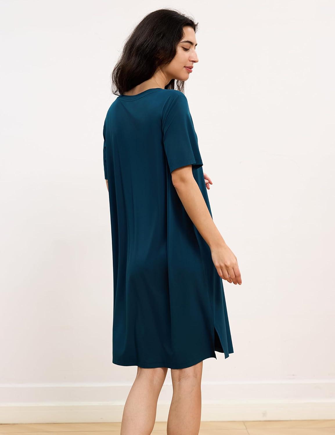imageGYS Premium Womens Nightgowns Bamboo Viscose Short Sleeve Soft and Breathable Pajama DressInk Blue