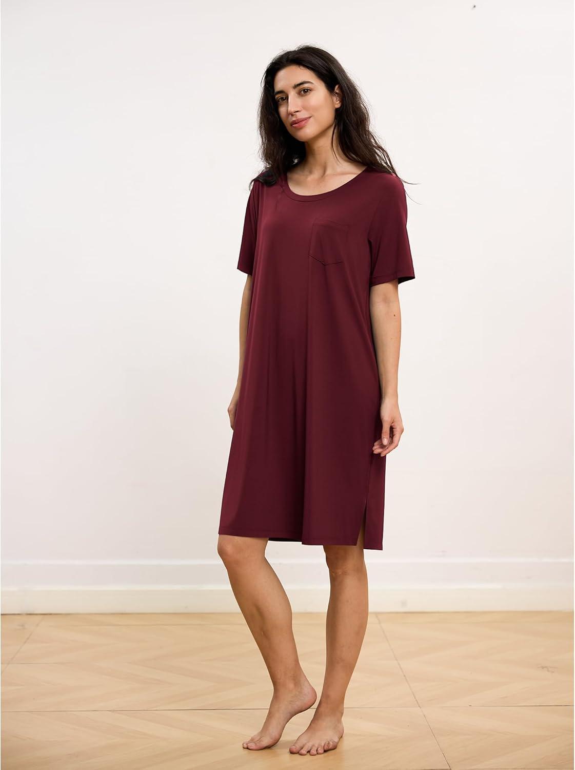imageGYS Premium Womens Nightgowns Bamboo Viscose Short Sleeve Soft and Breathable Pajama DressWine Red