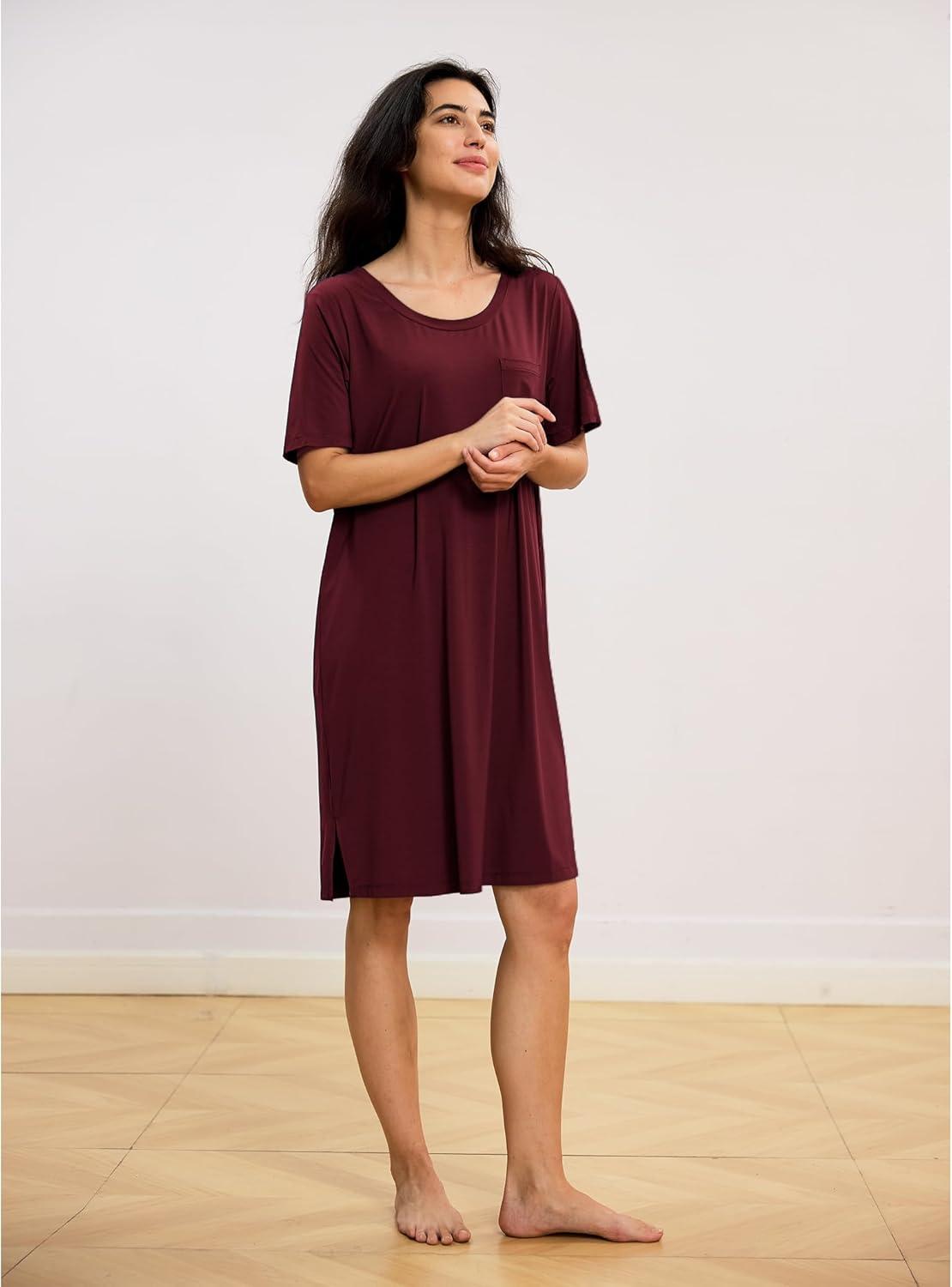 imageGYS Premium Womens Nightgowns Bamboo Viscose Short Sleeve Soft and Breathable Pajama DressWine Red