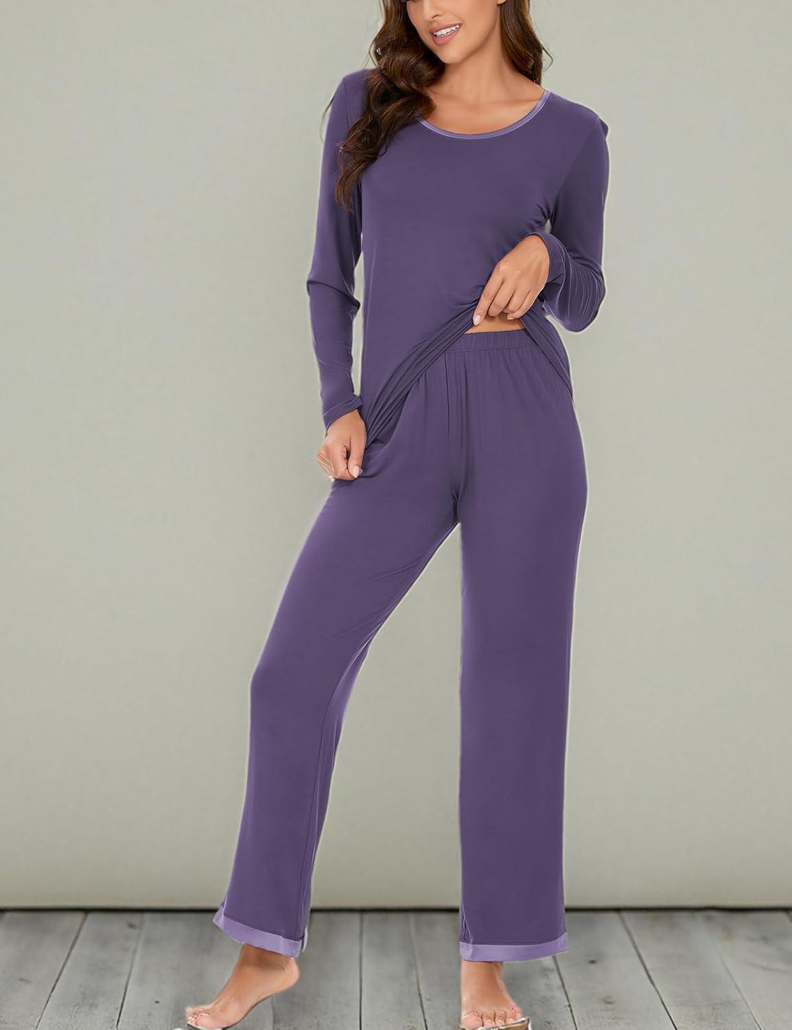 imageGYS Viscose from Bamboo Womens Pajama Sets Super Soft Long Sleeve Sleepwear Comfy Winter Pjs Sets S4XA Round Neck Air Purple