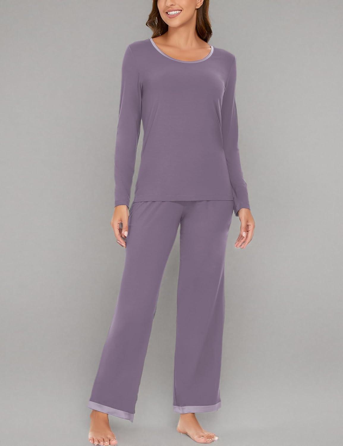 imageGYS Viscose from Bamboo Womens Pajama Sets Super Soft Long Sleeve Sleepwear Comfy Winter Pjs Sets S4XA Round Neck Violet