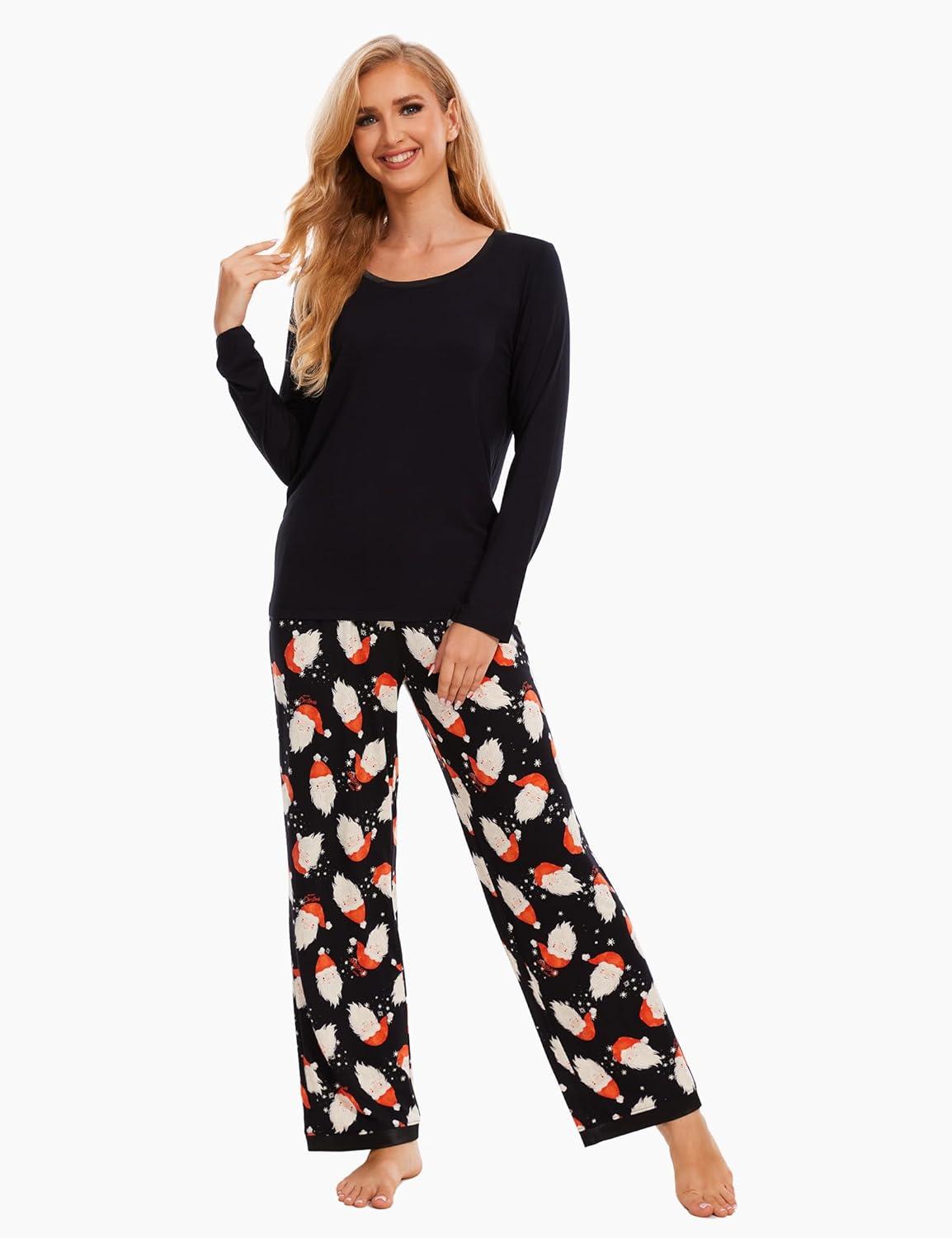 imageGYS Viscose from Bamboo Womens Pajama Sets Super Soft Long Sleeve Sleepwear Comfy Winter Pjs Sets S4XA Round Neck Santa Claus Black