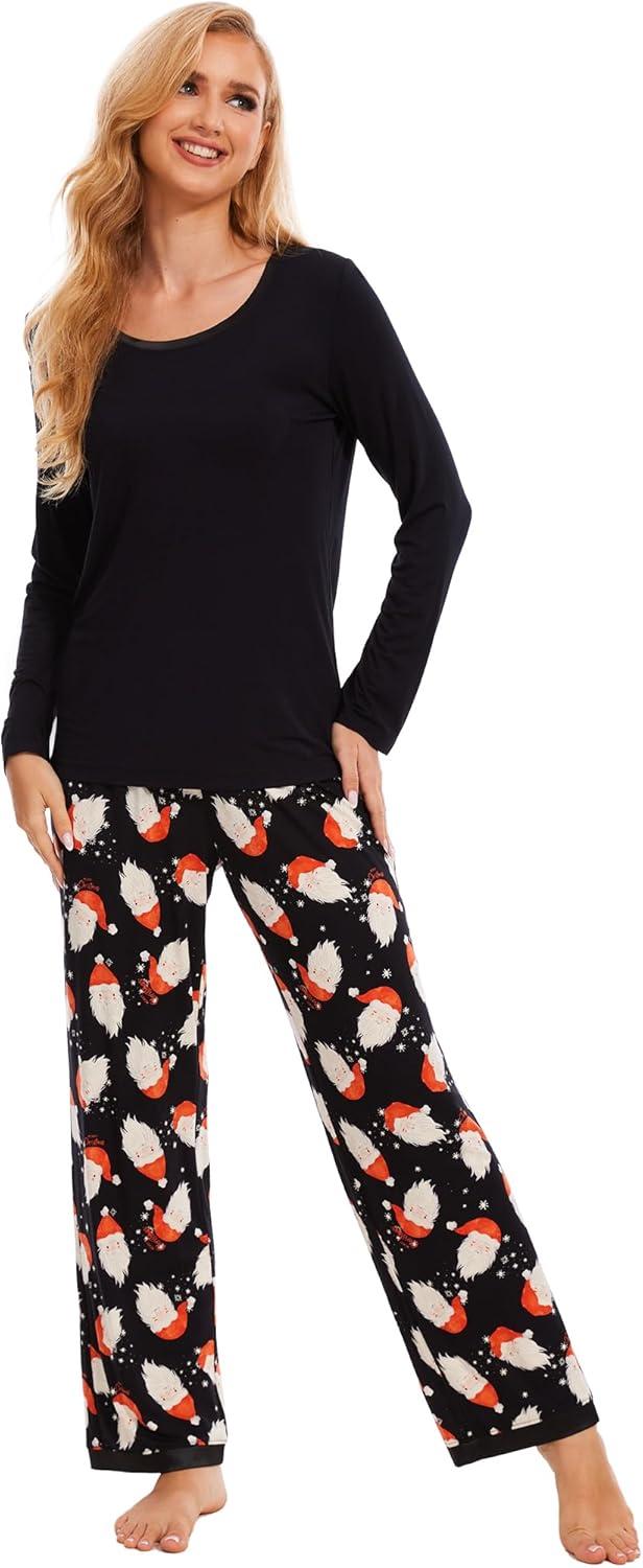 imageGYS Viscose from Bamboo Womens Pajama Sets Super Soft Long Sleeve Sleepwear Comfy Winter Pjs Sets S4XA Round Neck Santa Claus Black