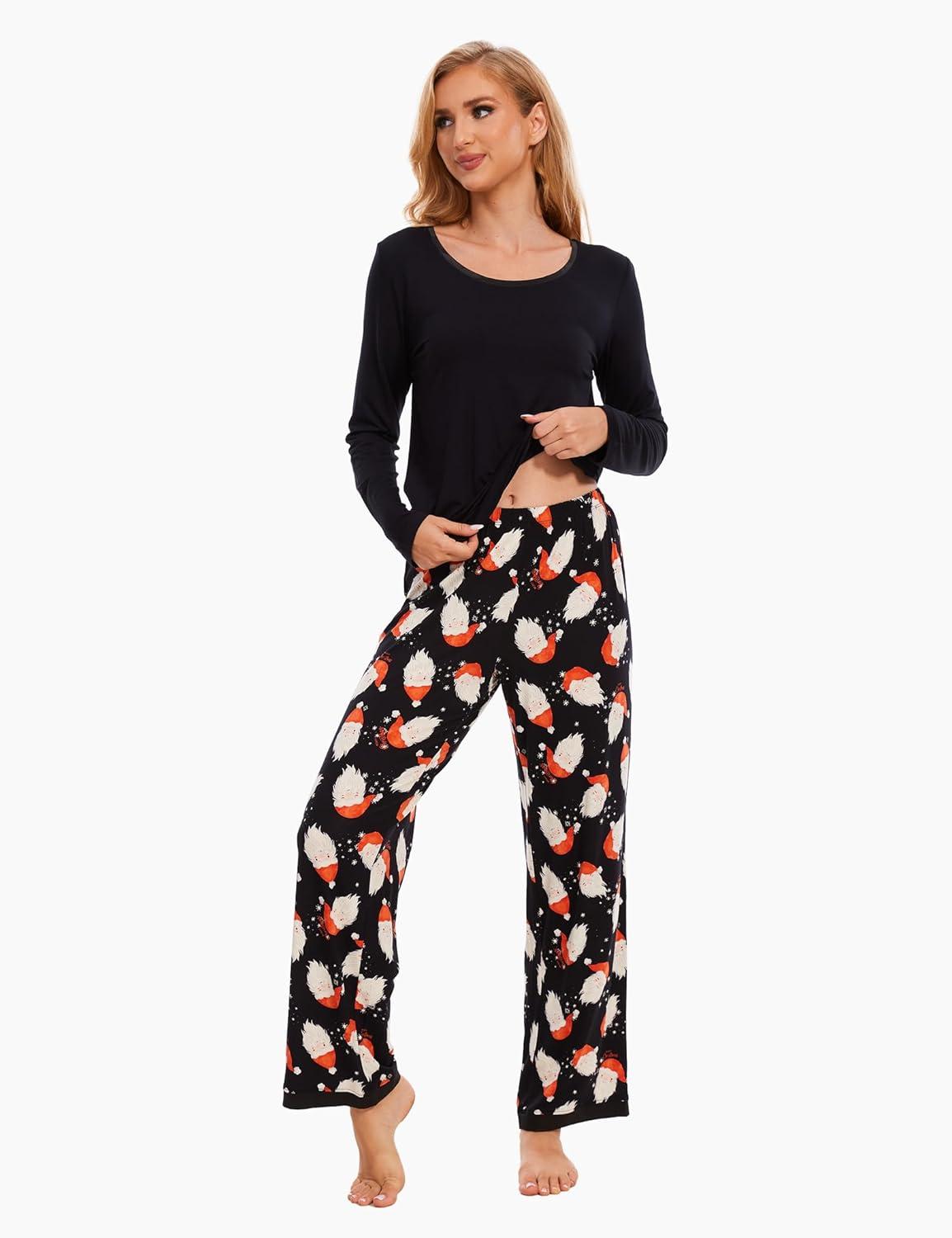 imageGYS Viscose from Bamboo Womens Pajama Sets Super Soft Long Sleeve Sleepwear Comfy Winter Pjs Sets S4XA Round Neck Santa Claus Black