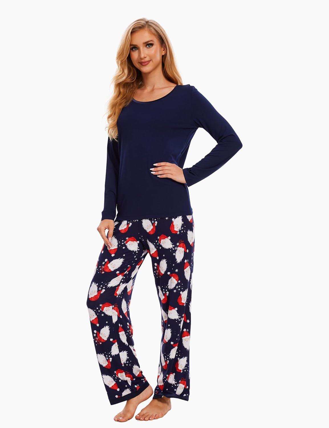 imageGYS Viscose from Bamboo Womens Pajama Sets Super Soft Long Sleeve Sleepwear Comfy Winter Pjs Sets S4XA Round Neck Santa Claus Navy