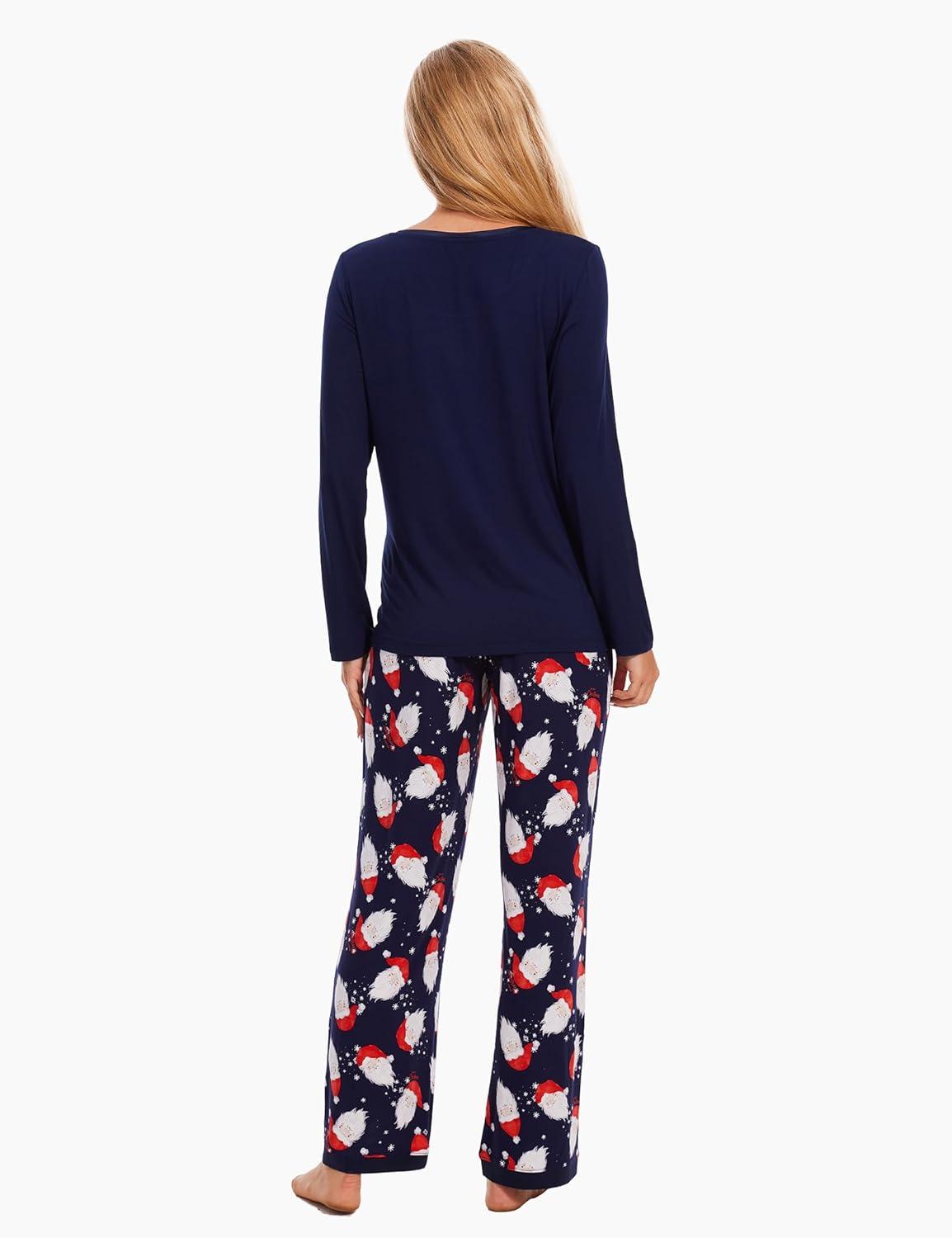 imageGYS Viscose from Bamboo Womens Pajama Sets Super Soft Long Sleeve Sleepwear Comfy Winter Pjs Sets S4XA Round Neck Santa Claus Navy