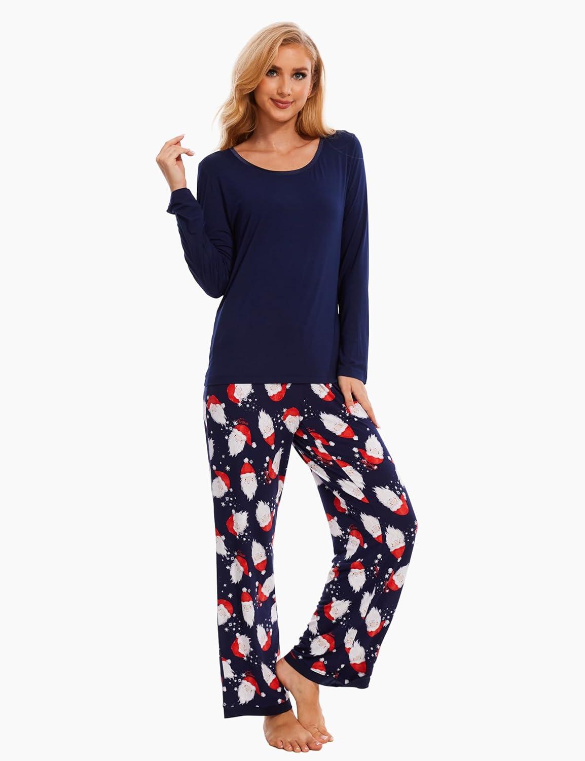 imageGYS Viscose from Bamboo Womens Pajama Sets Super Soft Long Sleeve Sleepwear Comfy Winter Pjs Sets S4XA Round Neck Santa Claus Navy