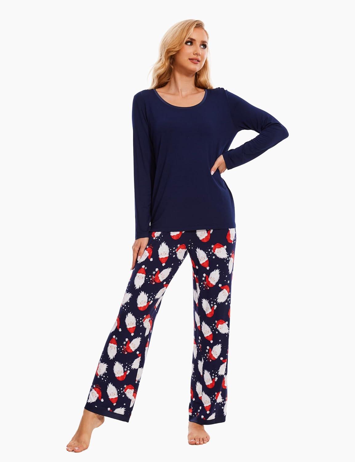 imageGYS Viscose from Bamboo Womens Pajama Sets Super Soft Long Sleeve Sleepwear Comfy Winter Pjs Sets S4XA Round Neck Santa Claus Navy