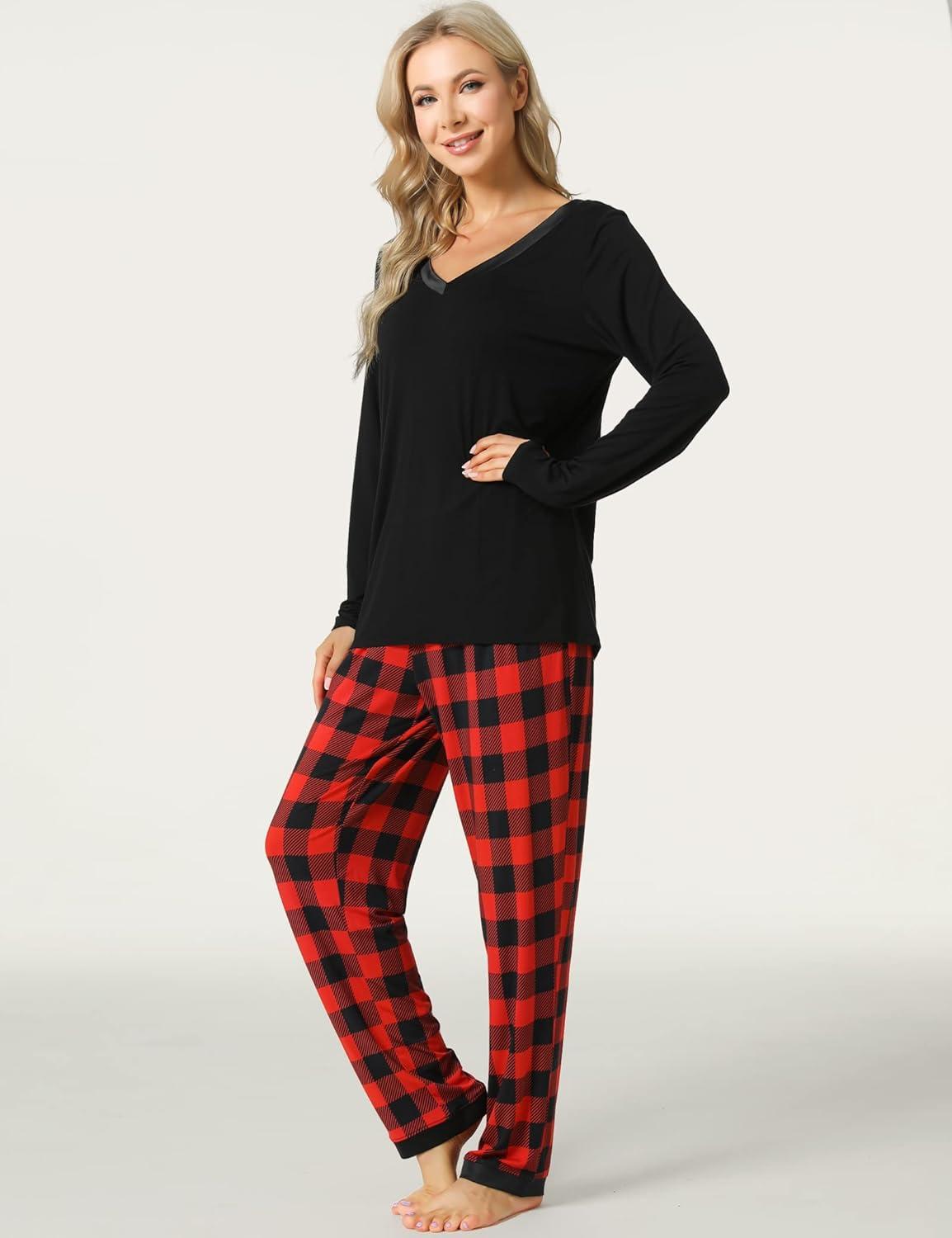 imageGYS Viscose from Bamboo Womens Pajama Sets Super Soft Long Sleeve Sleepwear Comfy Winter Pjs Sets S4XB V Neck Red Plaid