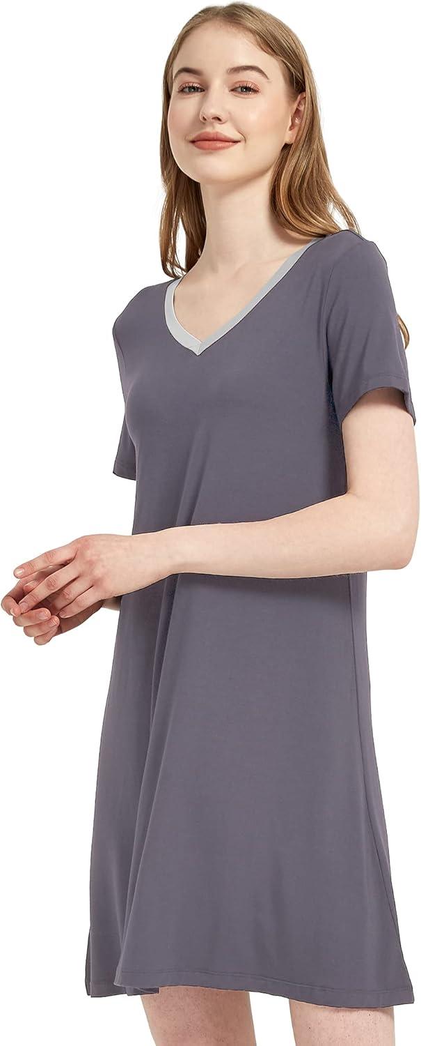 imageGYS Womens Bamboo Viscose Nightgown Silky Soft Lightweight Short Sleeve Sleep Dress with Satin VNeck for Hot SleepersDark Grey