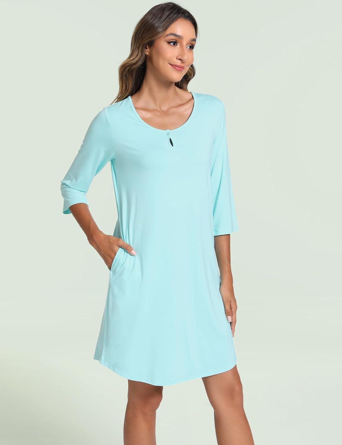 imageGYS Womens Nightgowns 34 Sleeve Scoopneck Sleep Shirt with Pockets Bambooderived ViscoseAqua