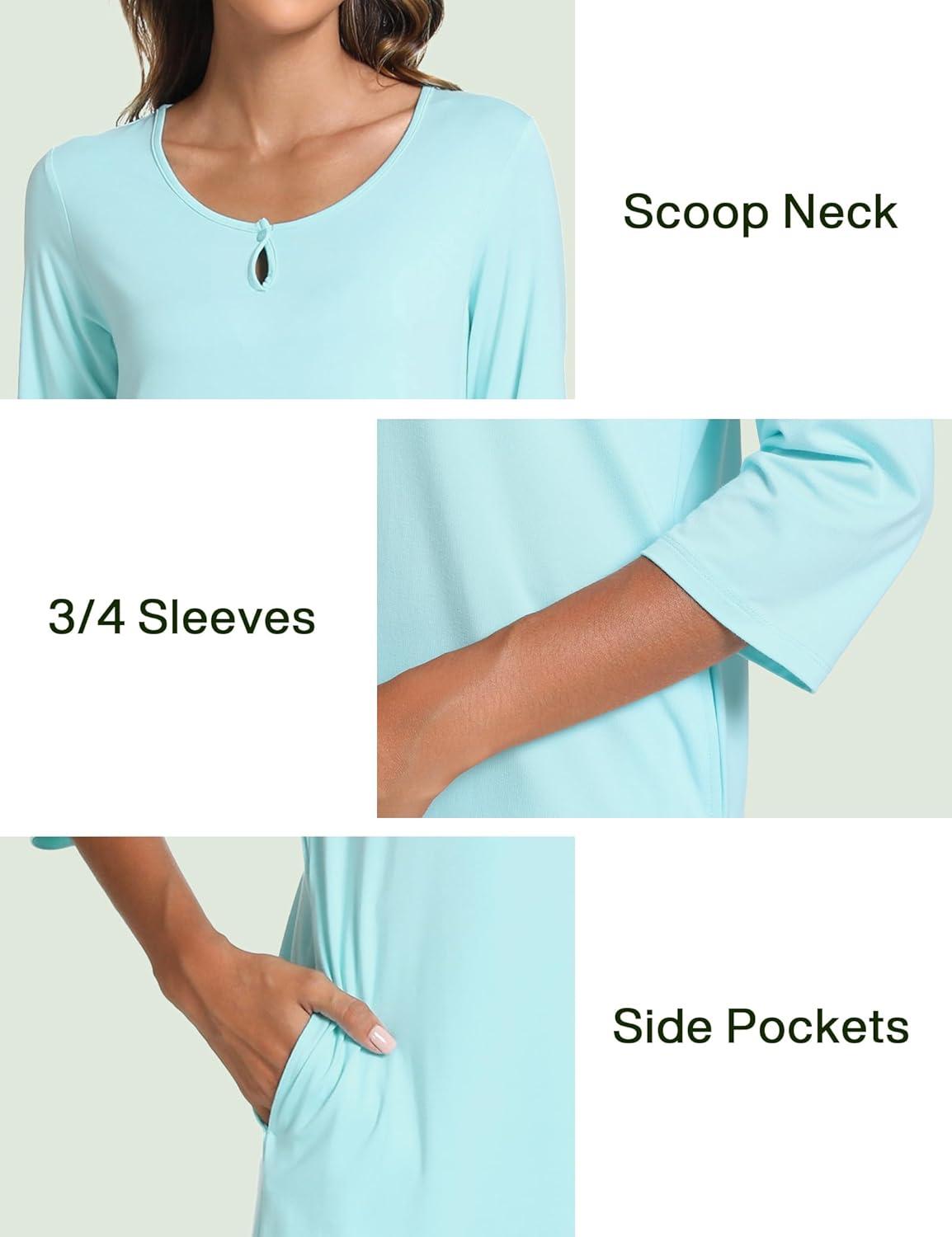 imageGYS Womens Nightgowns 34 Sleeve Scoopneck Sleep Shirt with Pockets Bambooderived ViscoseAqua