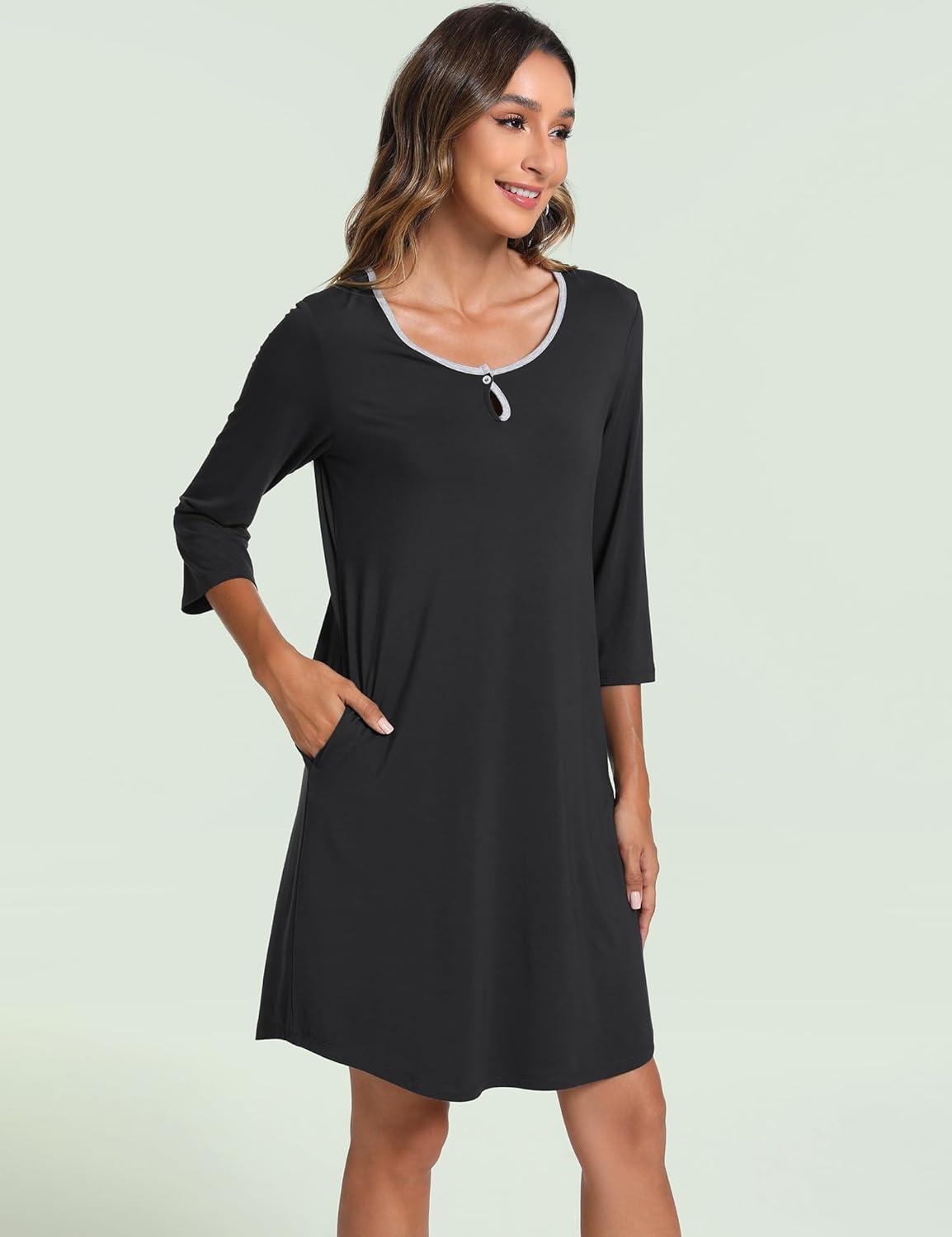 imageGYS Womens Nightgowns 34 Sleeve Scoopneck Sleep Shirt with Pockets Bambooderived ViscoseBlack