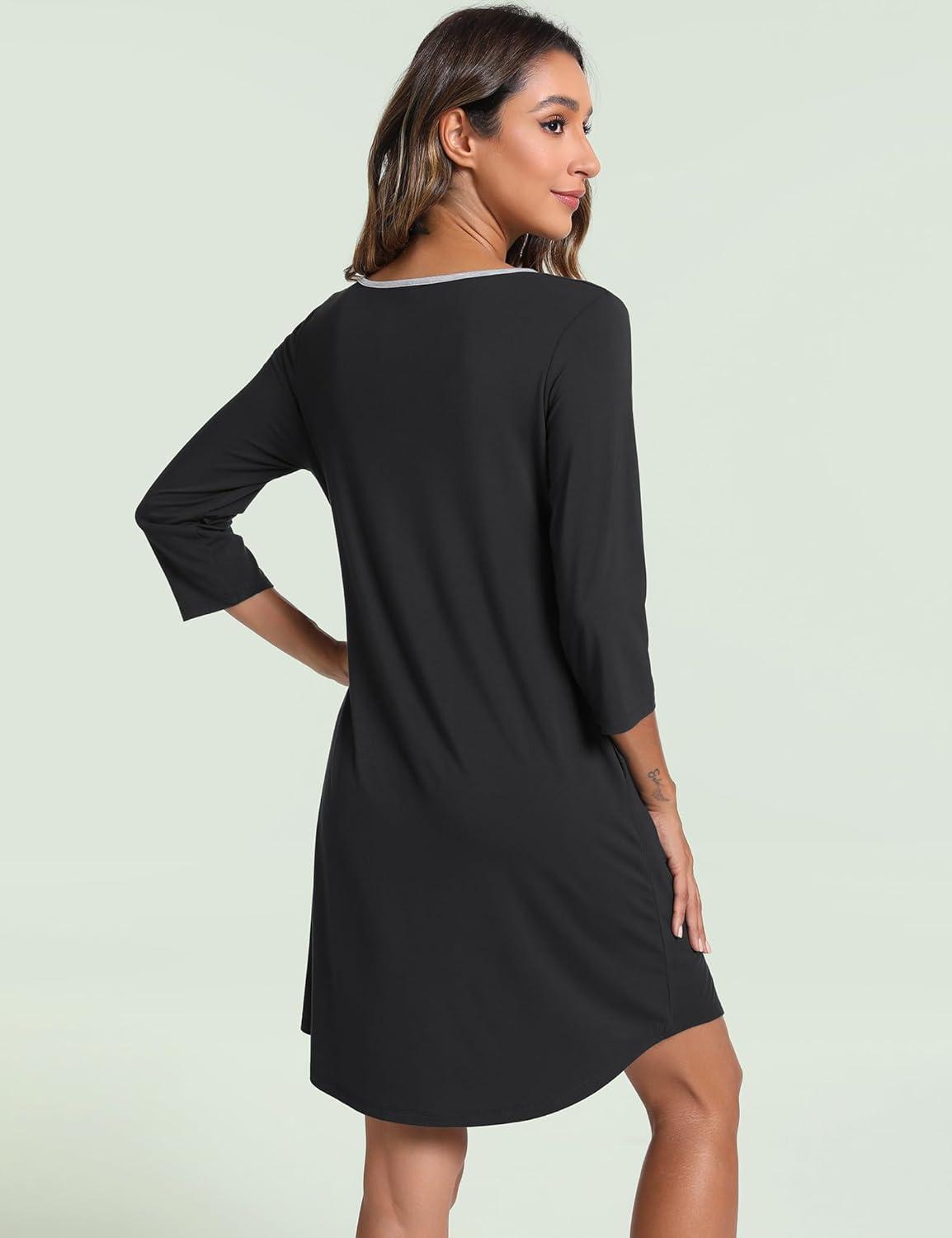 imageGYS Womens Nightgowns 34 Sleeve Scoopneck Sleep Shirt with Pockets Bambooderived ViscoseBlack