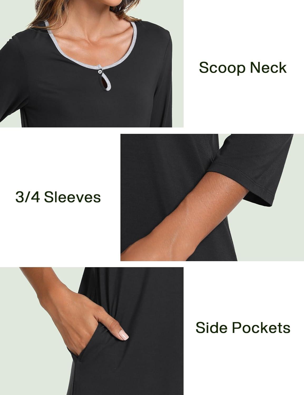 imageGYS Womens Nightgowns 34 Sleeve Scoopneck Sleep Shirt with Pockets Bambooderived ViscoseBlack