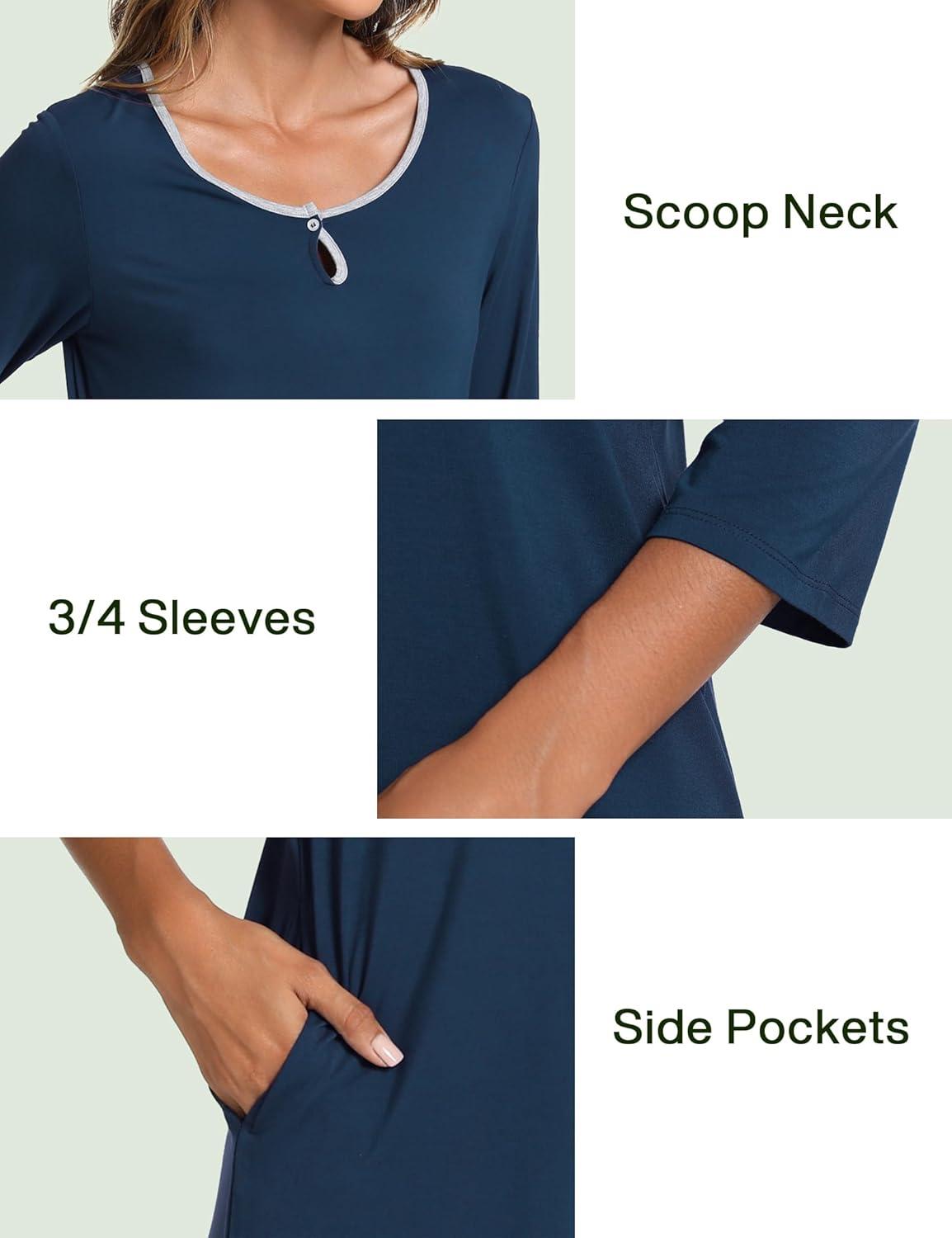 imageGYS Womens Nightgowns 34 Sleeve Scoopneck Sleep Shirt with Pockets Bambooderived ViscoseInk Blue