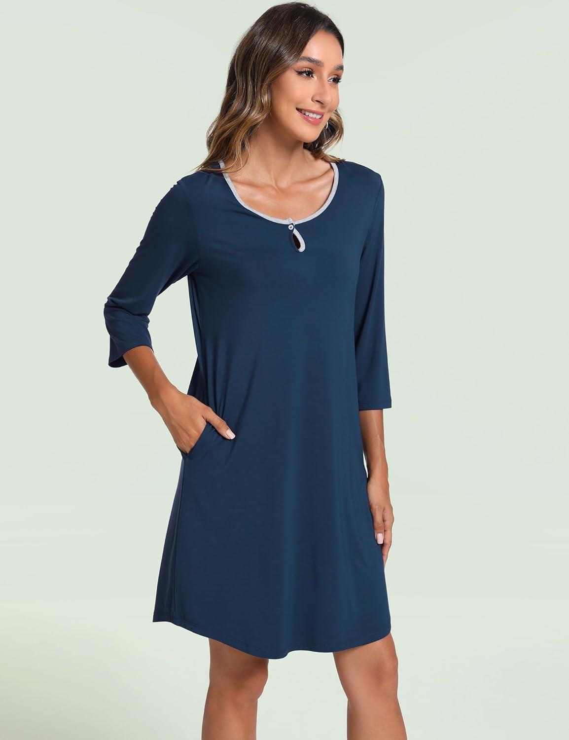 imageGYS Womens Nightgowns 34 Sleeve Scoopneck Sleep Shirt with Pockets Bambooderived ViscoseInk Blue