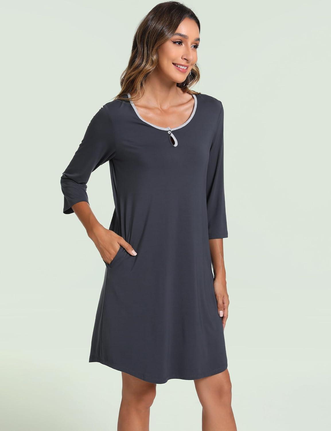 imageGYS Womens Nightgowns 34 Sleeve Scoopneck Sleep Shirt with Pockets Bambooderived ViscoseMidnight Blue