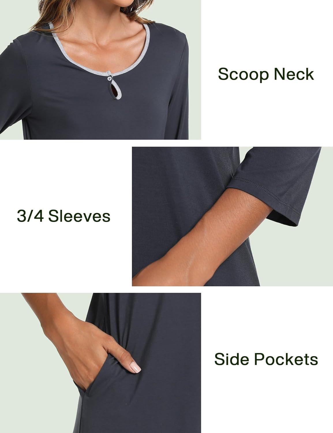 imageGYS Womens Nightgowns 34 Sleeve Scoopneck Sleep Shirt with Pockets Bambooderived ViscoseMidnight Blue