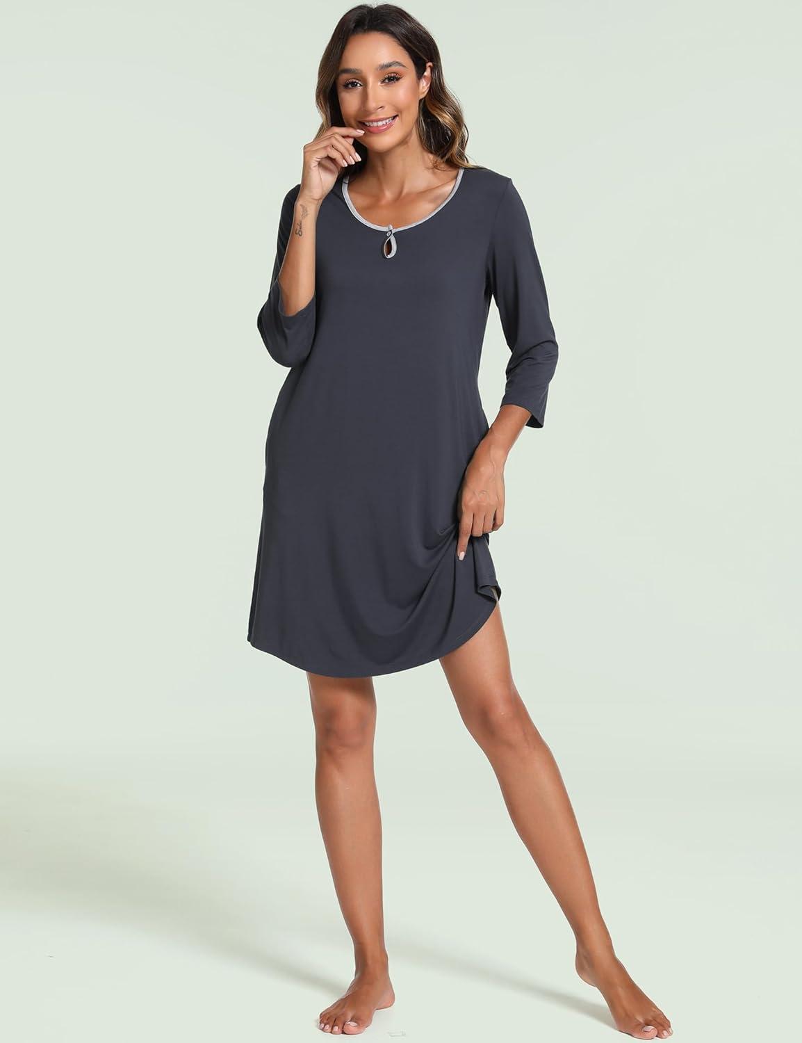 imageGYS Womens Nightgowns 34 Sleeve Scoopneck Sleep Shirt with Pockets Bambooderived ViscoseMidnight Blue