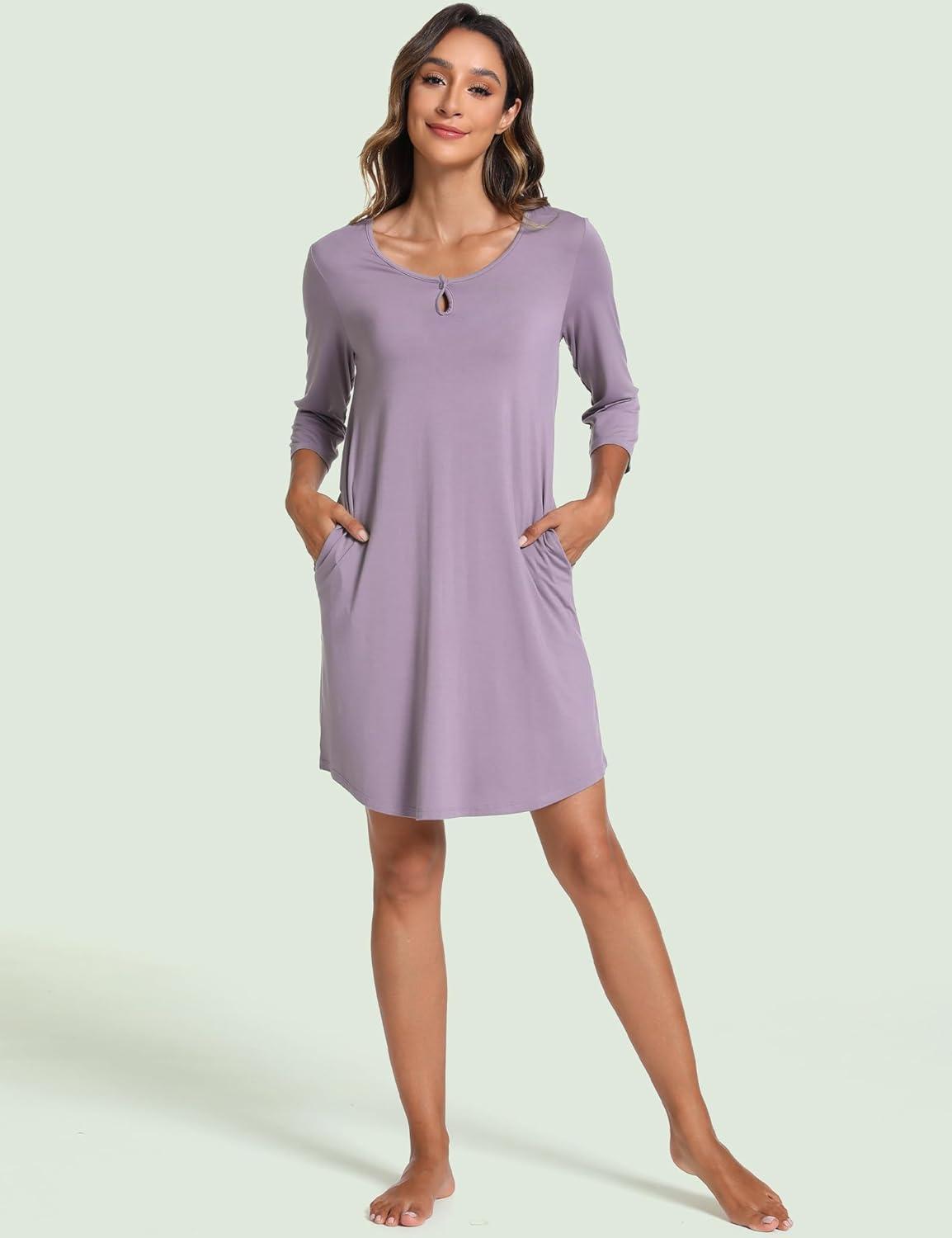 imageGYS Womens Nightgowns 34 Sleeve Scoopneck Sleep Shirt with Pockets Bambooderived ViscoseViolet