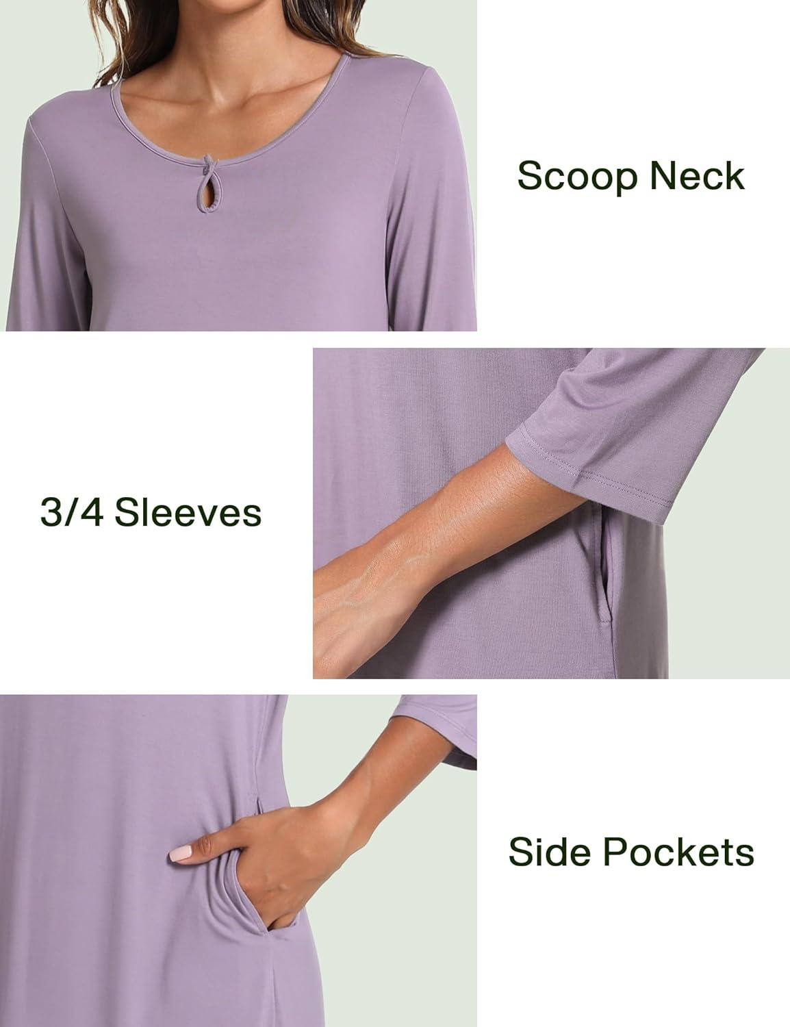 imageGYS Womens Nightgowns 34 Sleeve Scoopneck Sleep Shirt with Pockets Bambooderived ViscoseViolet