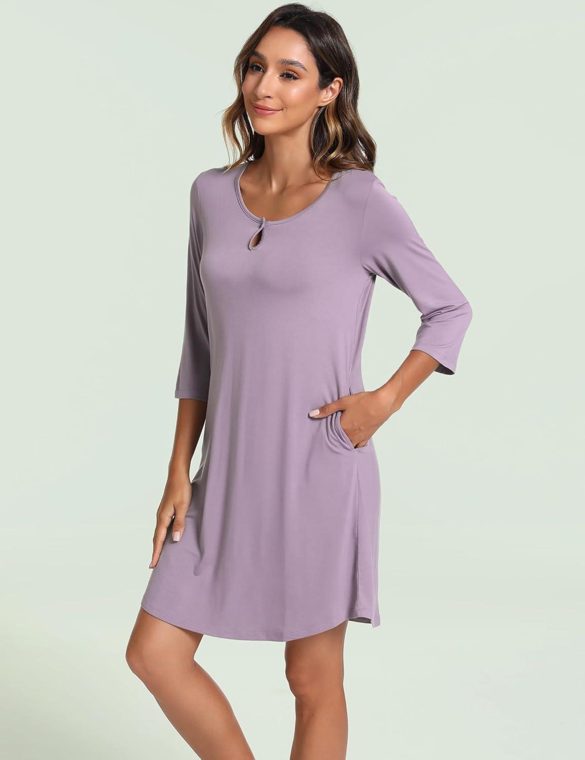 imageGYS Womens Nightgowns 34 Sleeve Scoopneck Sleep Shirt with Pockets Bambooderived ViscoseViolet