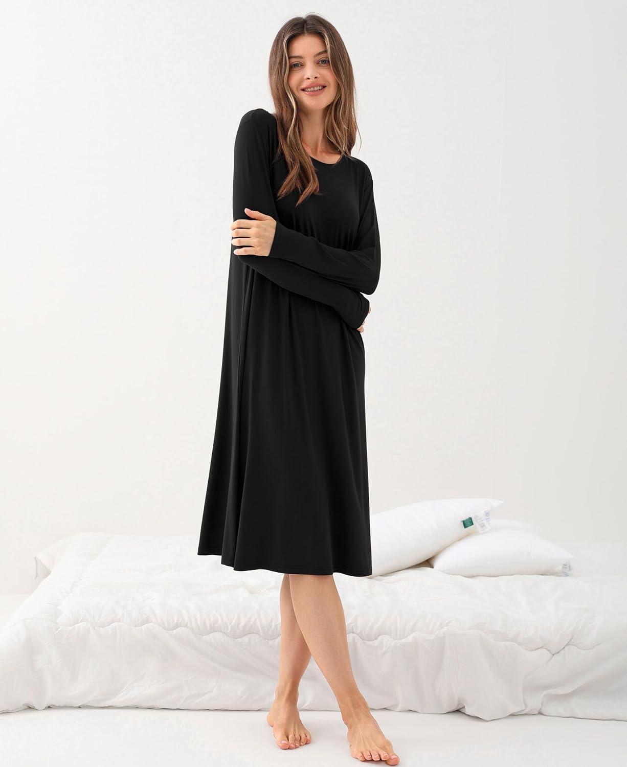 imageGYS Womens Nightgowns Bamboo Viscose Soft and Comfy Long Sleeve Pajama DressBlack