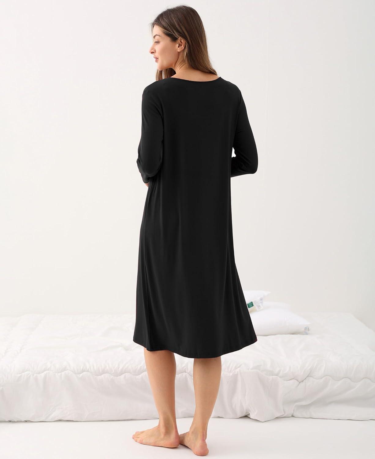 imageGYS Womens Nightgowns Bamboo Viscose Soft and Comfy Long Sleeve Pajama DressBlack