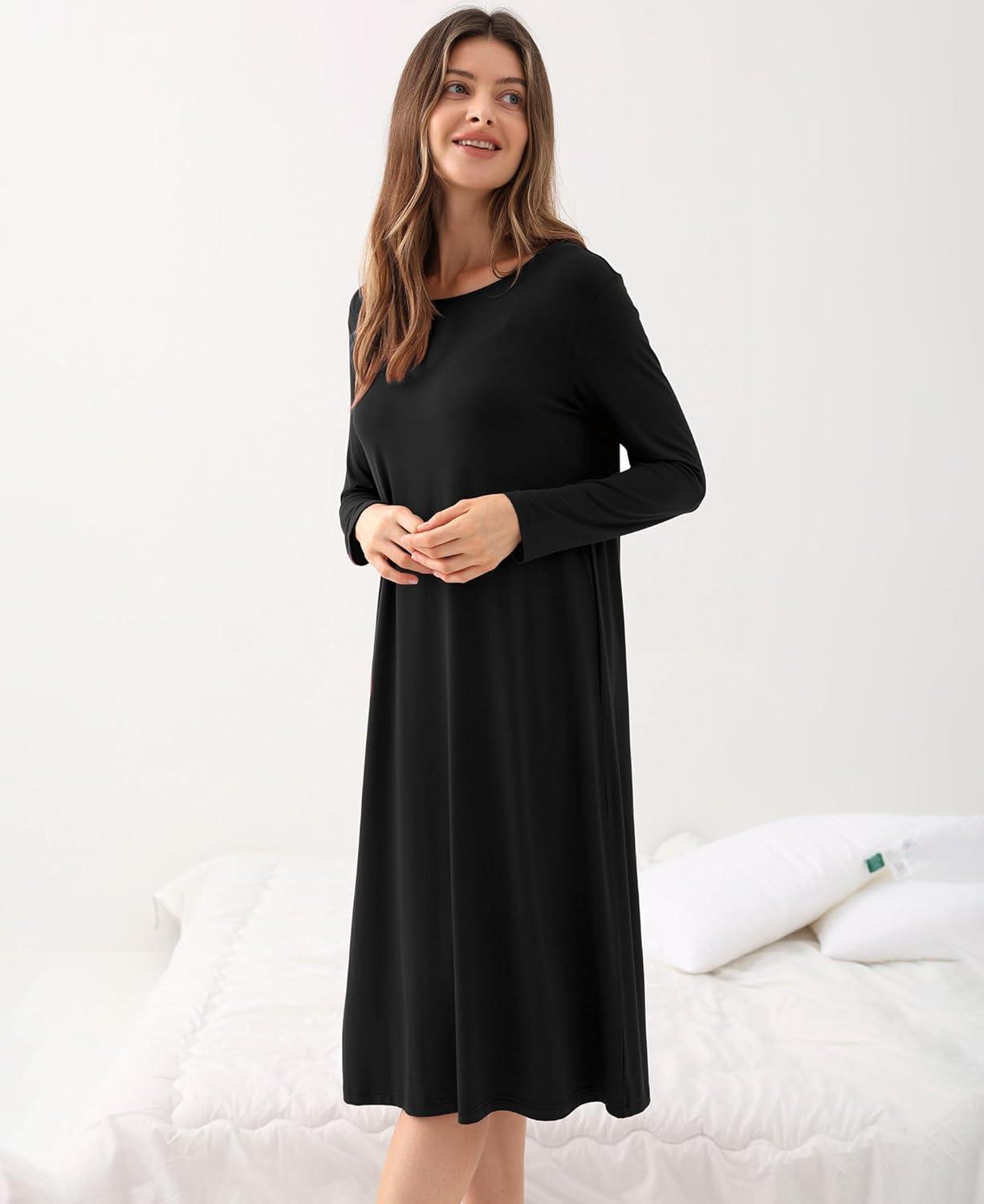 imageGYS Womens Nightgowns Bamboo Viscose Soft and Comfy Long Sleeve Pajama DressBlack