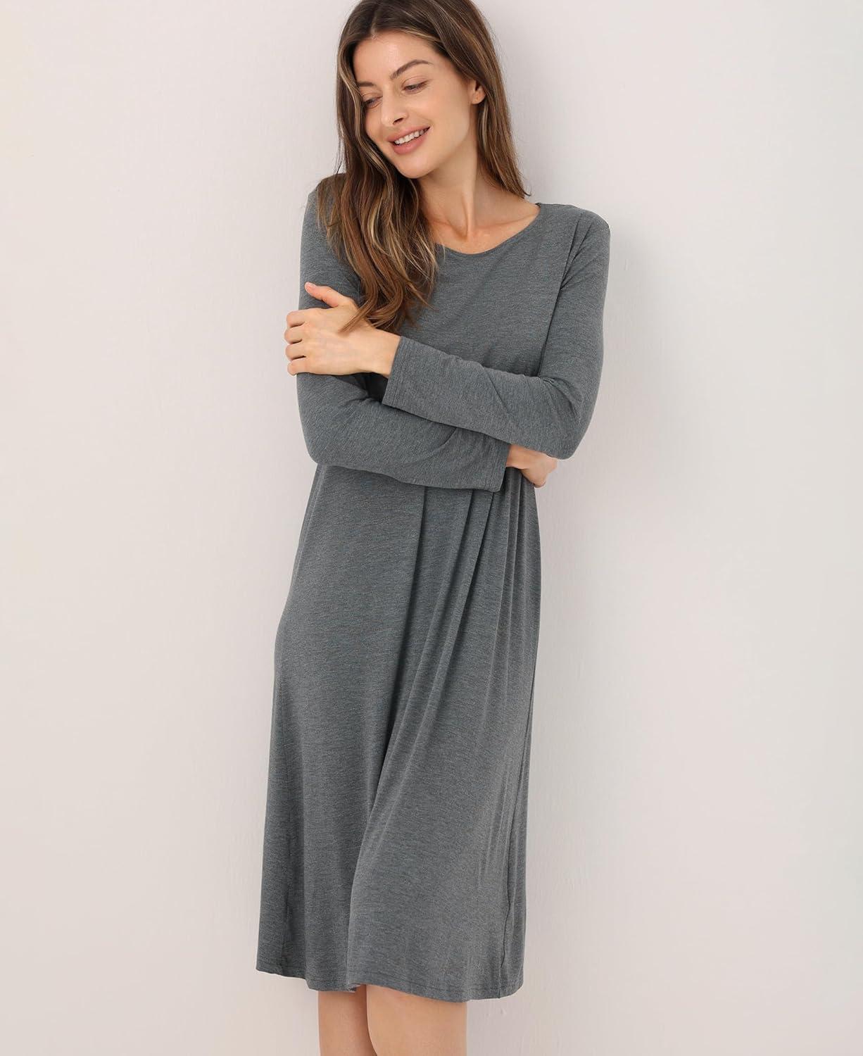 imageGYS Womens Nightgowns Bamboo Viscose Soft and Comfy Long Sleeve Pajama DressDark Heather Grey