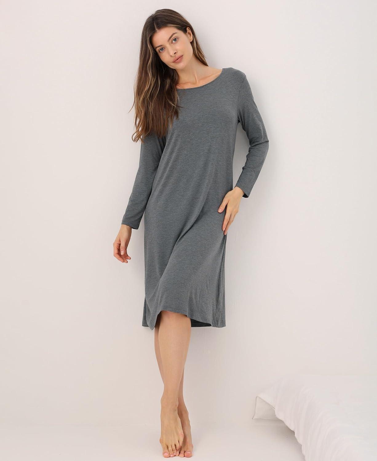 imageGYS Womens Nightgowns Bamboo Viscose Soft and Comfy Long Sleeve Pajama DressDark Heather Grey