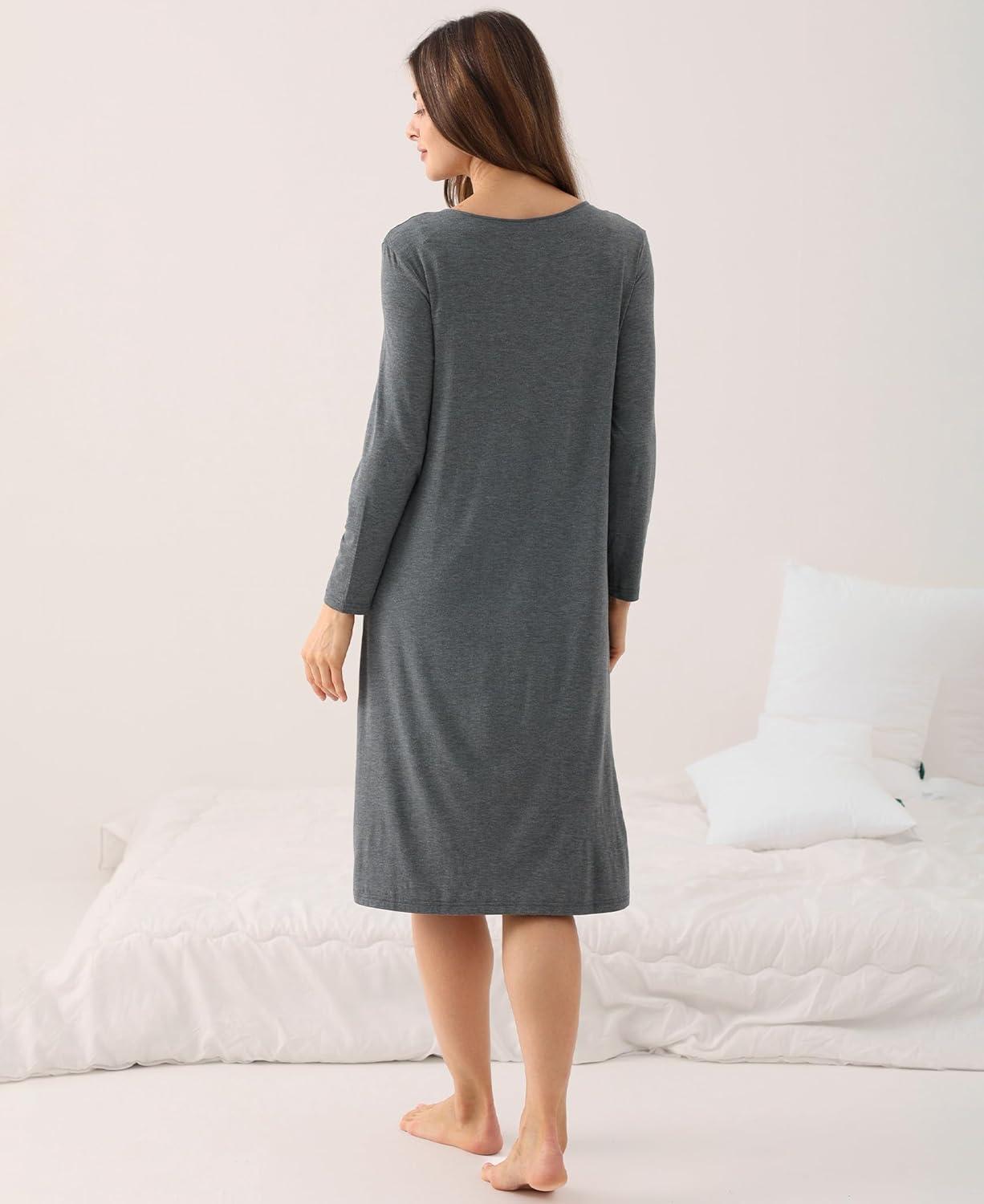 imageGYS Womens Nightgowns Bamboo Viscose Soft and Comfy Long Sleeve Pajama DressDark Heather Grey