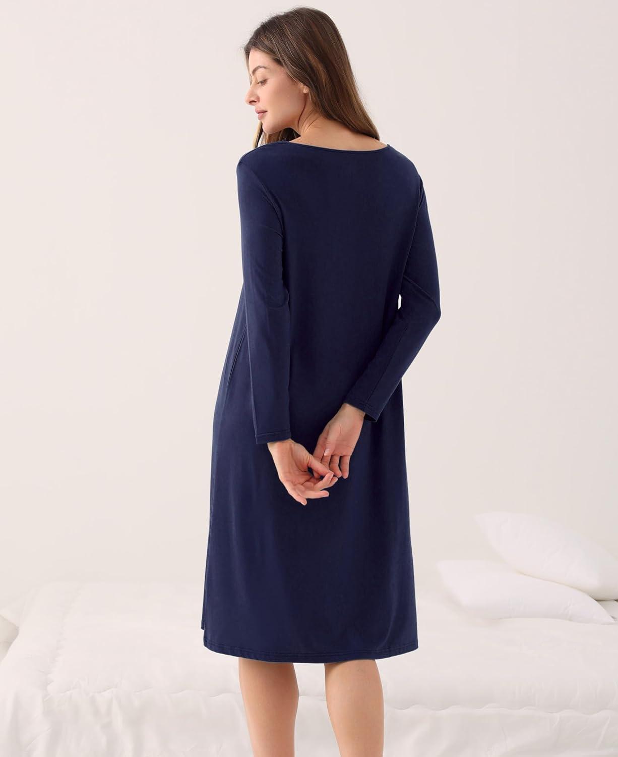 imageGYS Womens Nightgowns Bamboo Viscose Soft and Comfy Long Sleeve Pajama DressNavy