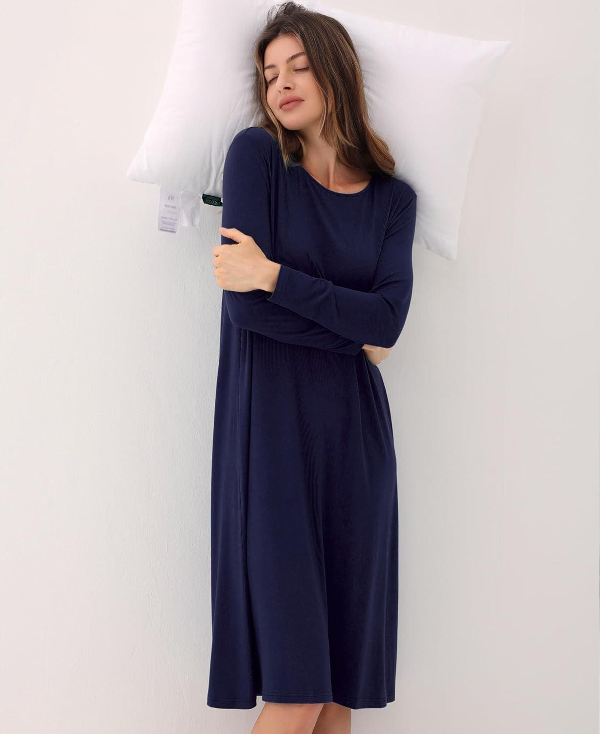 imageGYS Womens Nightgowns Bamboo Viscose Soft and Comfy Long Sleeve Pajama DressNavy