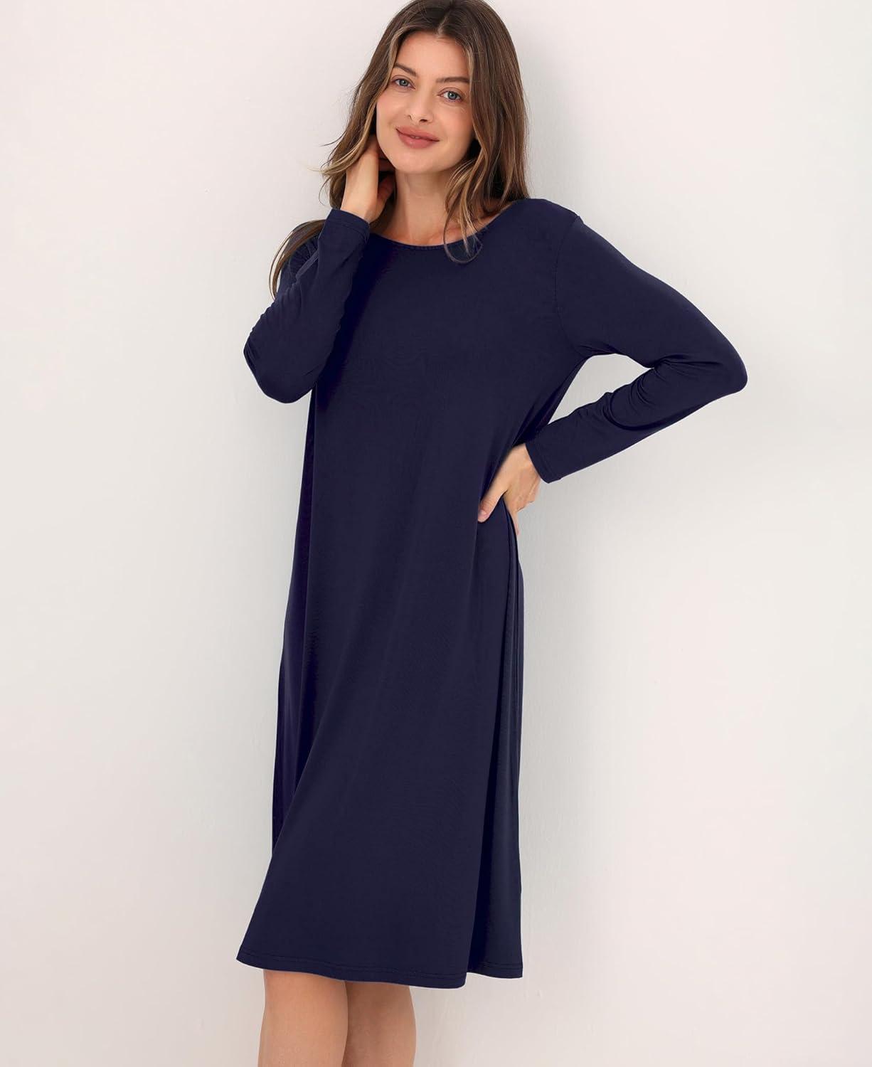 imageGYS Womens Nightgowns Bamboo Viscose Soft and Comfy Long Sleeve Pajama DressNavy