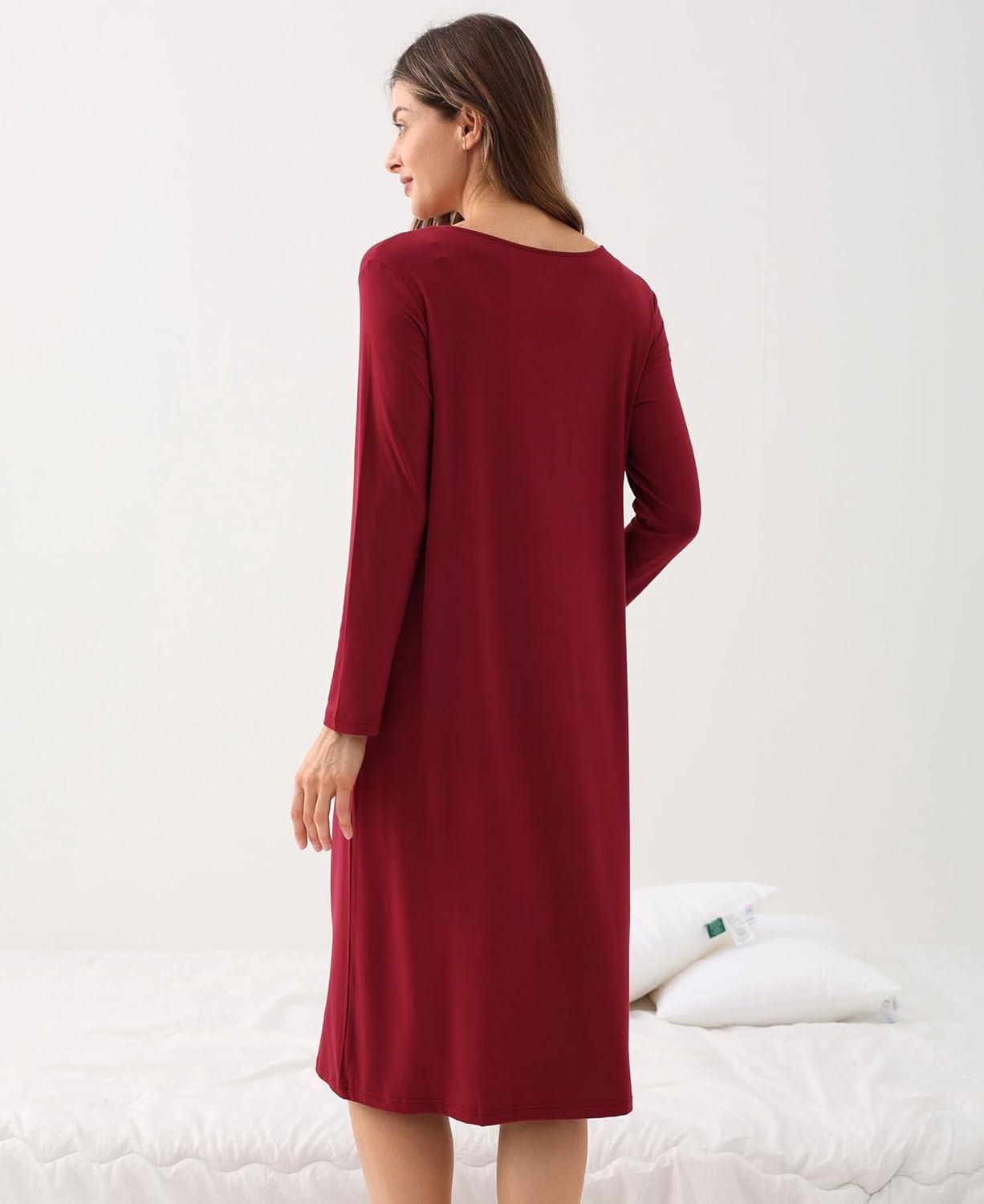 imageGYS Womens Nightgowns Bamboo Viscose Soft and Comfy Long Sleeve Pajama DressWine Red