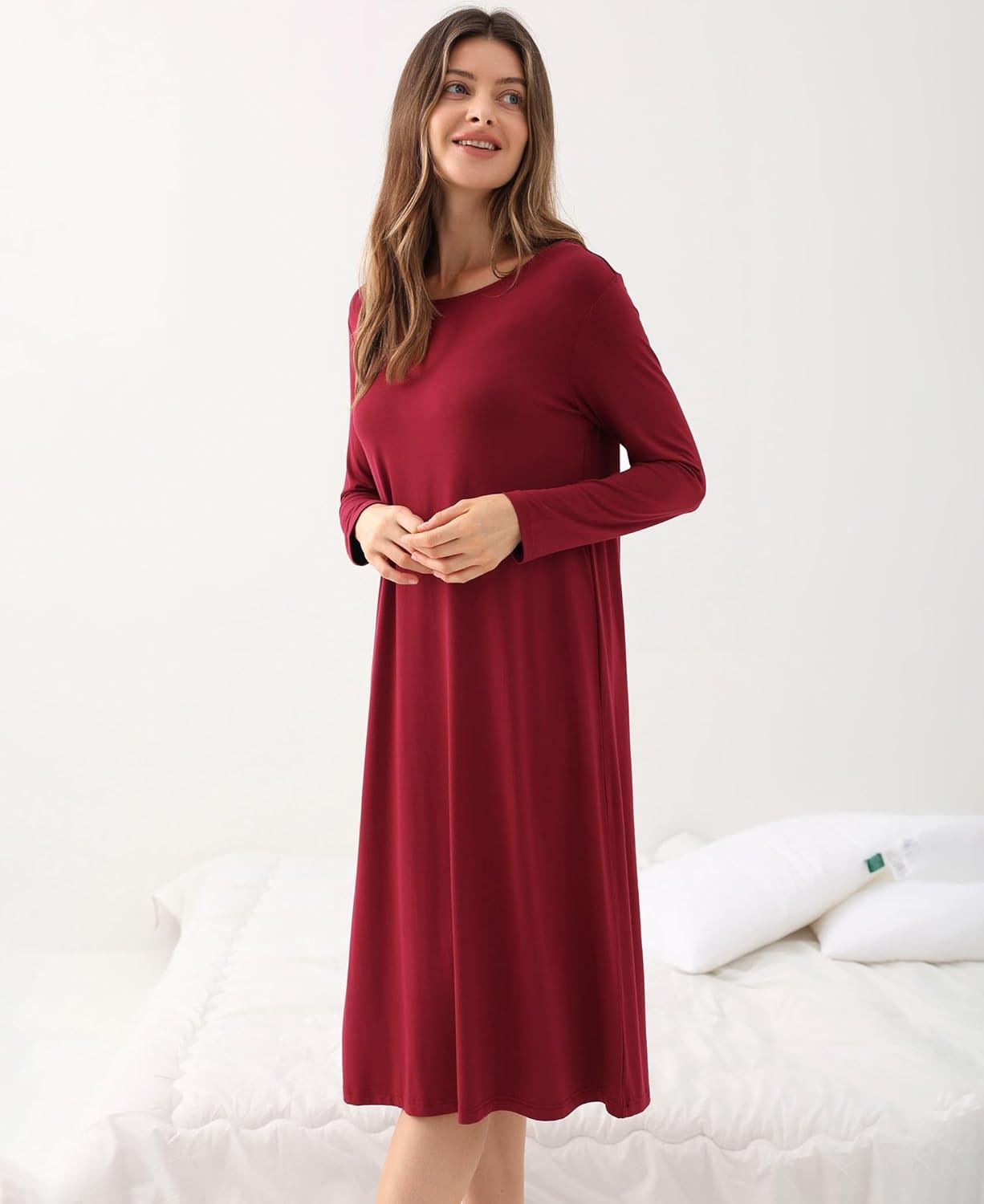 imageGYS Womens Nightgowns Bamboo Viscose Soft and Comfy Long Sleeve Pajama DressWine Red