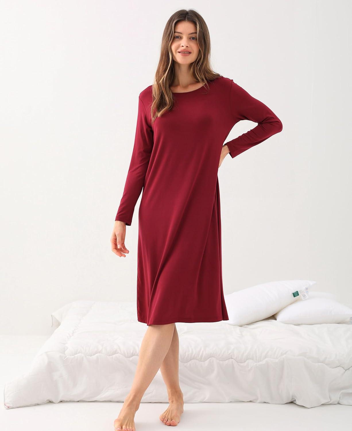 imageGYS Womens Nightgowns Bamboo Viscose Soft and Comfy Long Sleeve Pajama DressWine Red