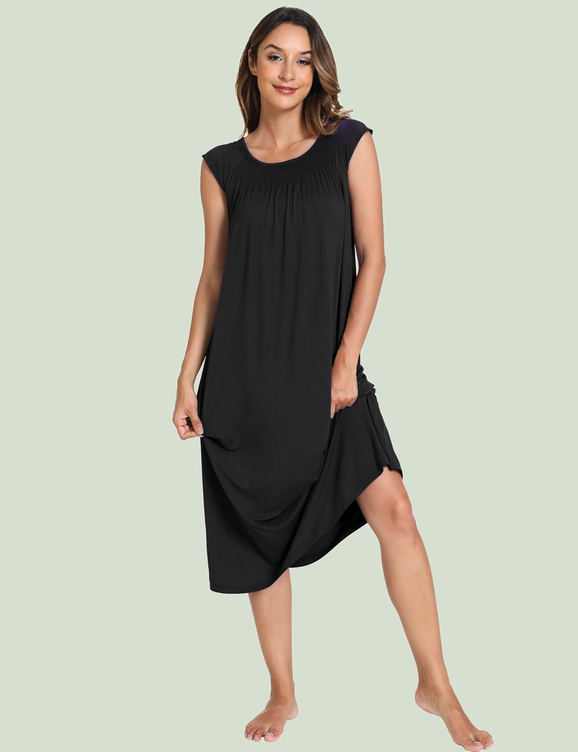 imageGYS Womens Nightgowns Short Sleeve Sleep Shirts Soft Smocked Nighties Sleepwear Viscose Made from BambooBlack