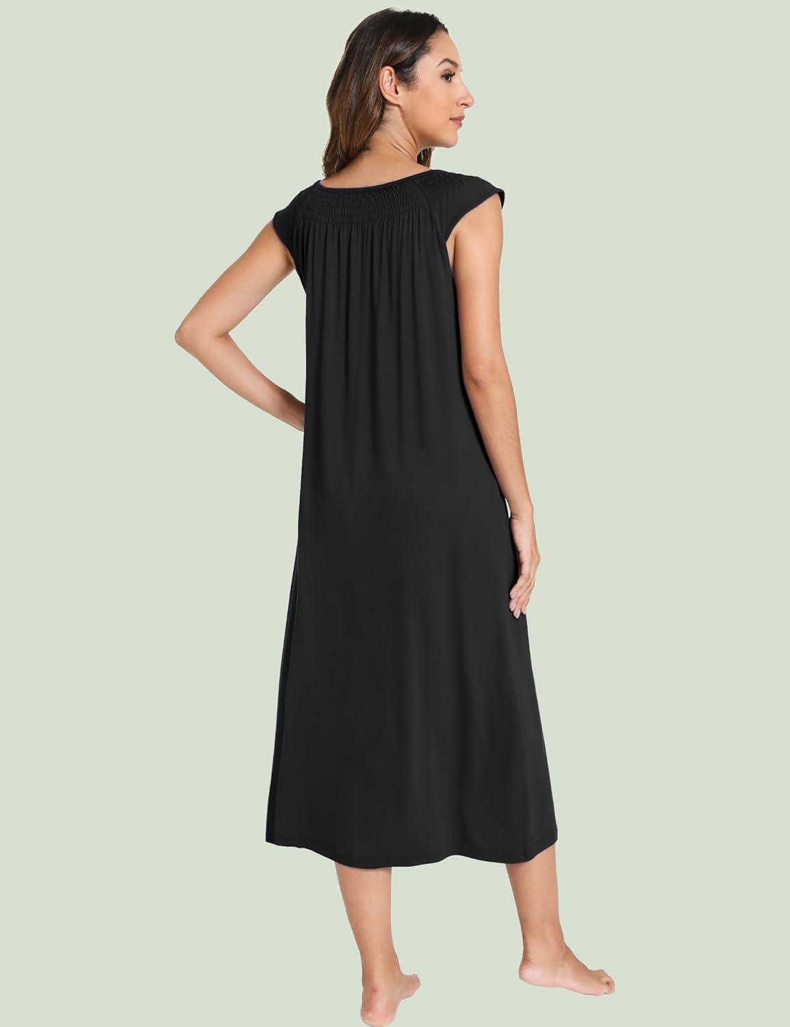 imageGYS Womens Nightgowns Short Sleeve Sleep Shirts Soft Smocked Nighties Sleepwear Viscose Made from BambooBlack