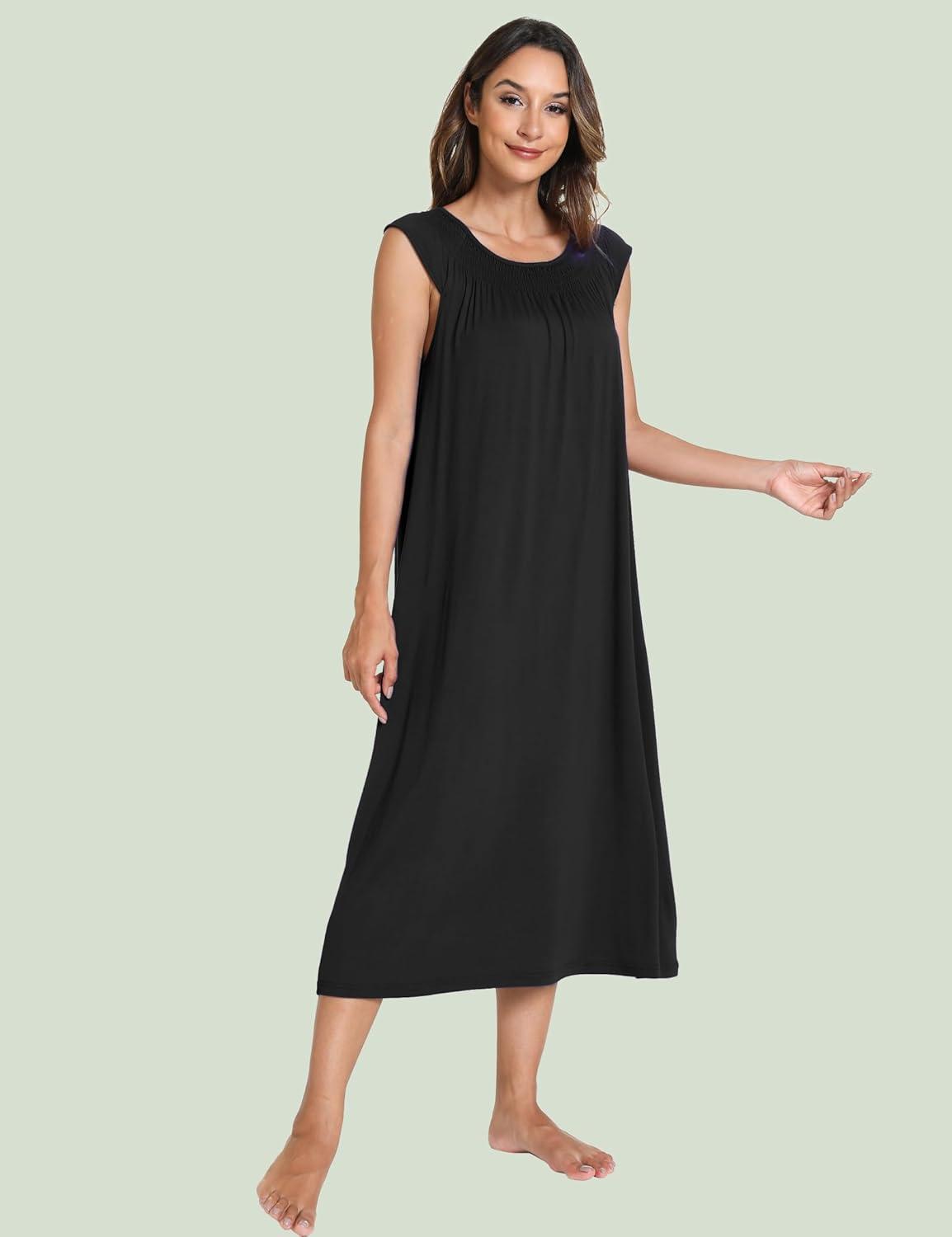 imageGYS Womens Nightgowns Short Sleeve Sleep Shirts Soft Smocked Nighties Sleepwear Viscose Made from BambooBlack
