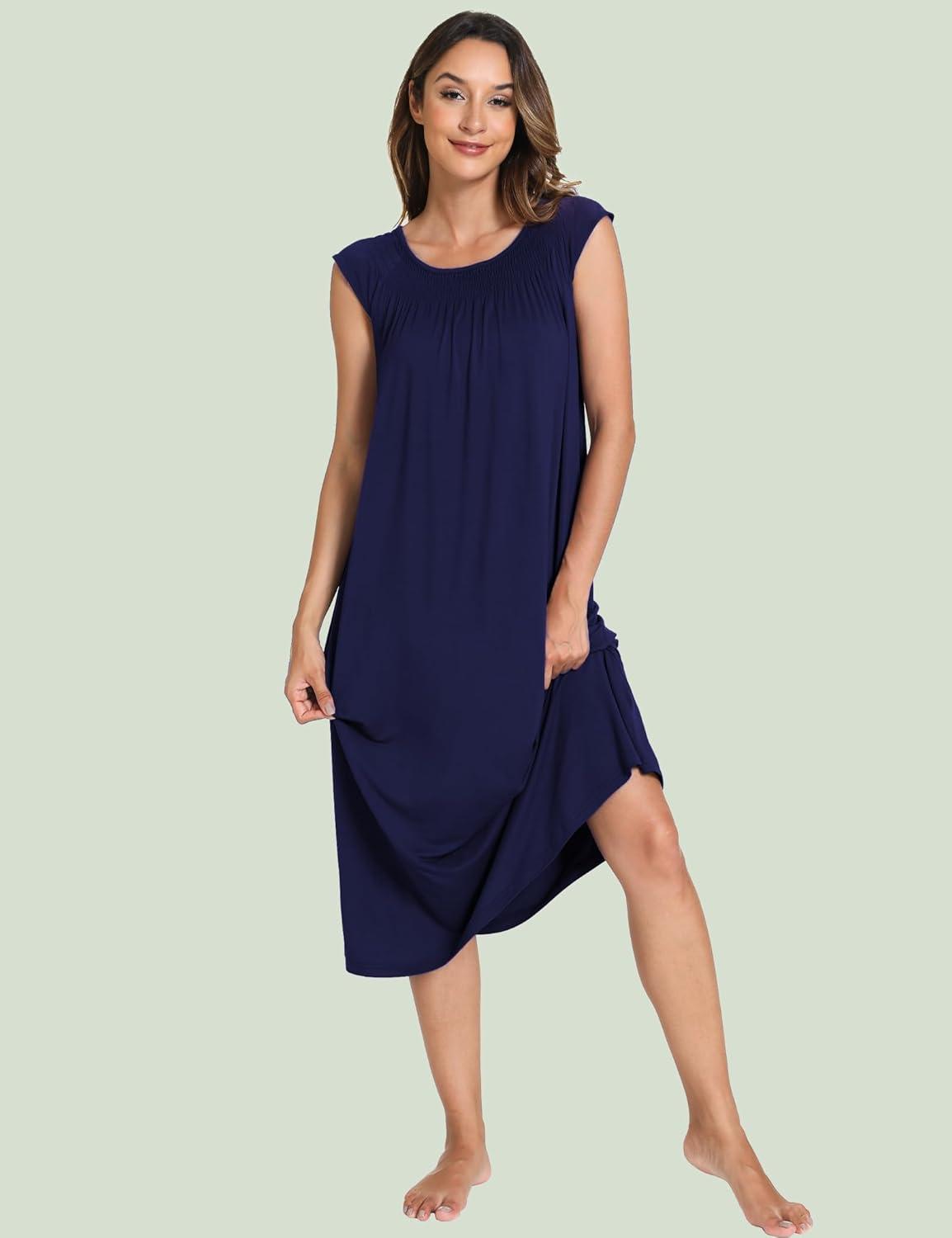 imageGYS Womens Nightgowns Short Sleeve Sleep Shirts Soft Smocked Nighties Sleepwear Viscose Made from BambooNavy