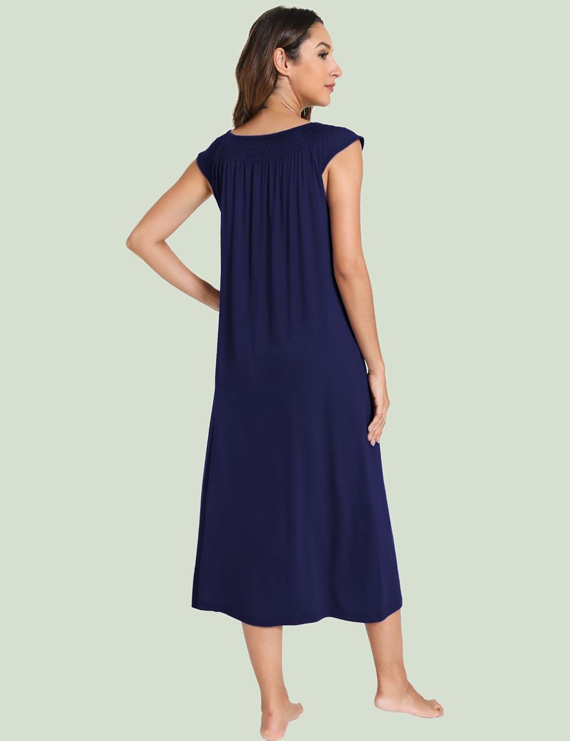 imageGYS Womens Nightgowns Short Sleeve Sleep Shirts Soft Smocked Nighties Sleepwear Viscose Made from BambooNavy