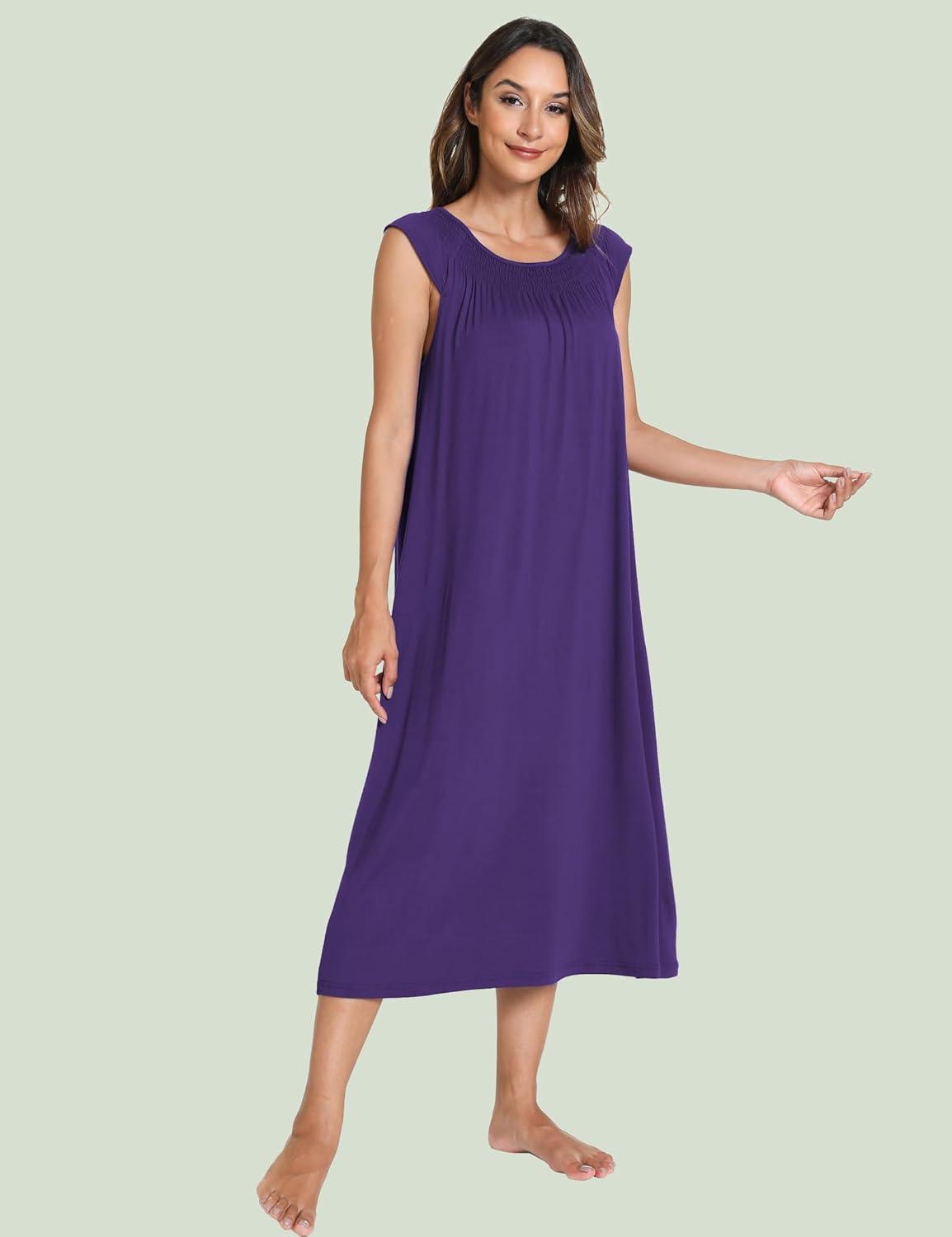 imageGYS Womens Nightgowns Short Sleeve Sleep Shirts Soft Smocked Nighties Sleepwear Viscose Made from BambooPurple