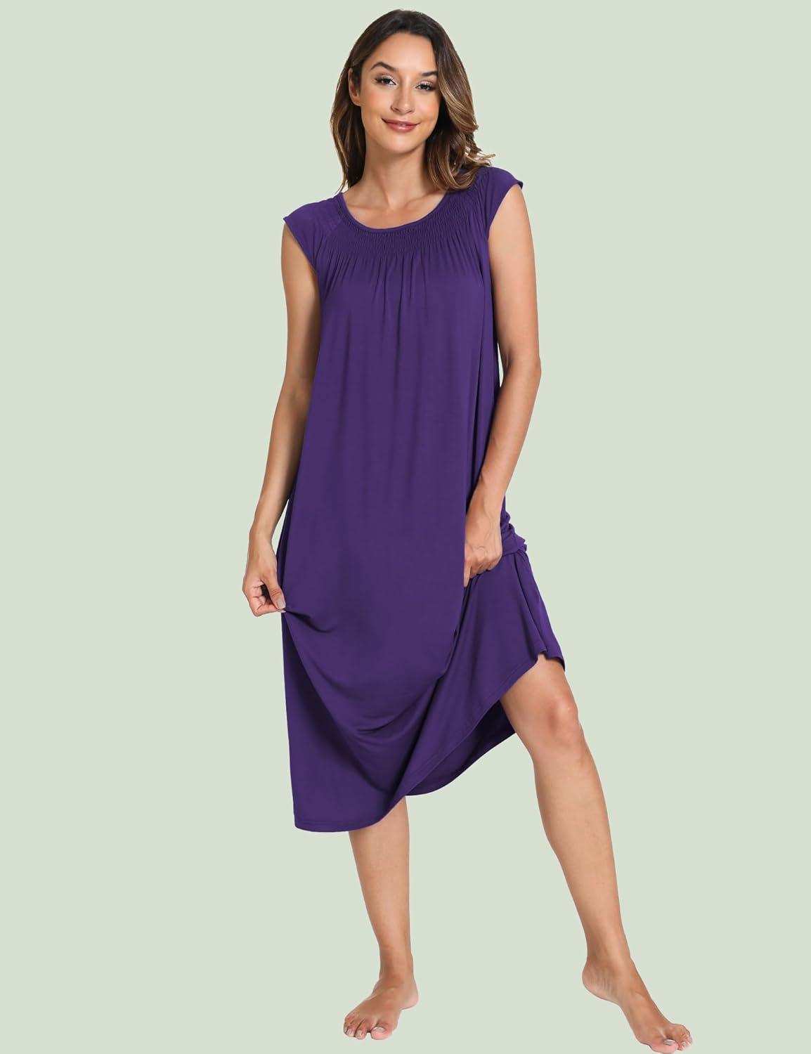 imageGYS Womens Nightgowns Short Sleeve Sleep Shirts Soft Smocked Nighties Sleepwear Viscose Made from BambooPurple