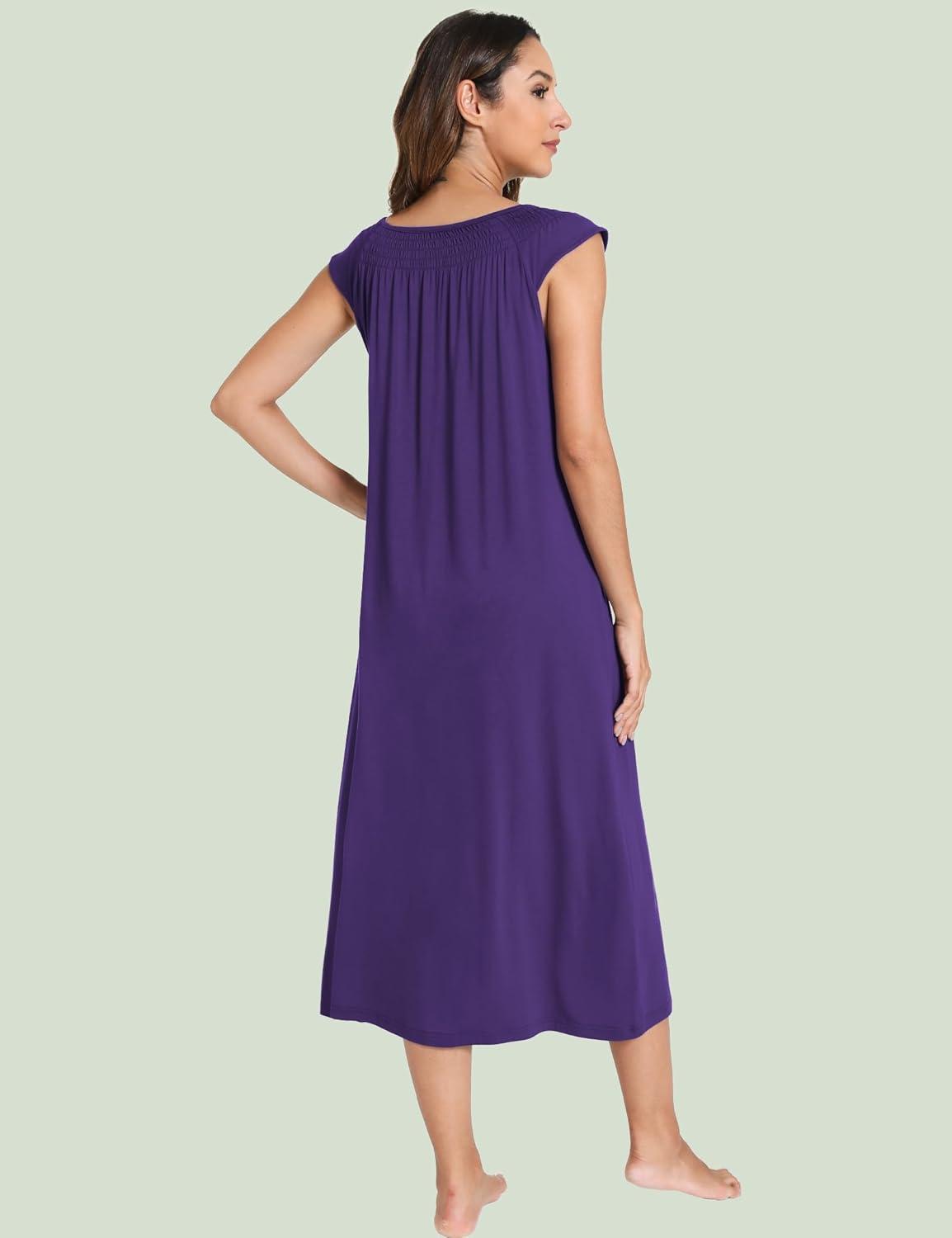 imageGYS Womens Nightgowns Short Sleeve Sleep Shirts Soft Smocked Nighties Sleepwear Viscose Made from BambooPurple