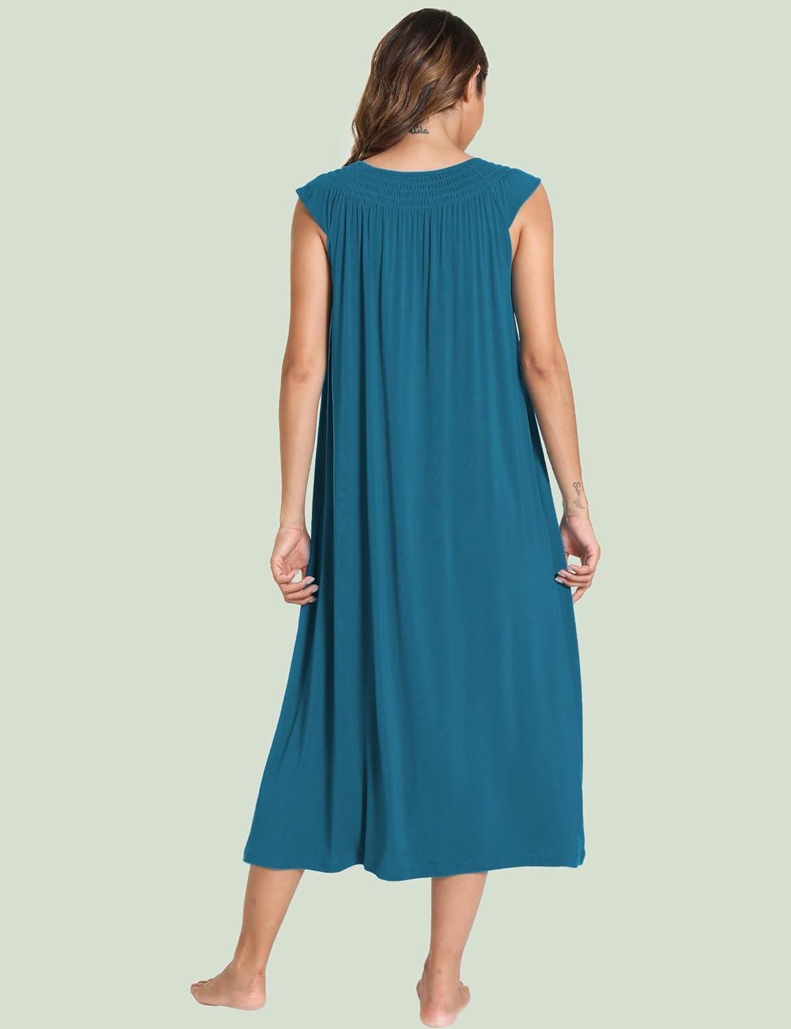 imageGYS Womens Nightgowns Short Sleeve Sleep Shirts Soft Smocked Nighties Sleepwear Viscose Made from BambooTeal Blue