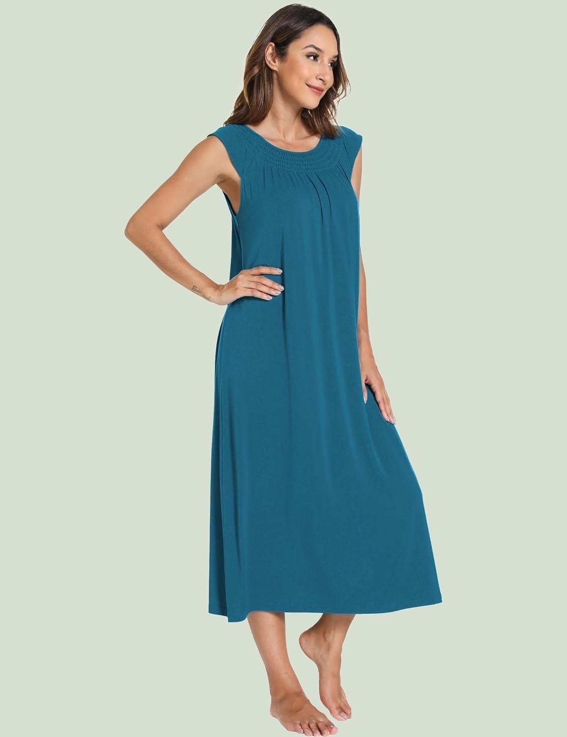 imageGYS Womens Nightgowns Short Sleeve Sleep Shirts Soft Smocked Nighties Sleepwear Viscose Made from BambooTeal Blue