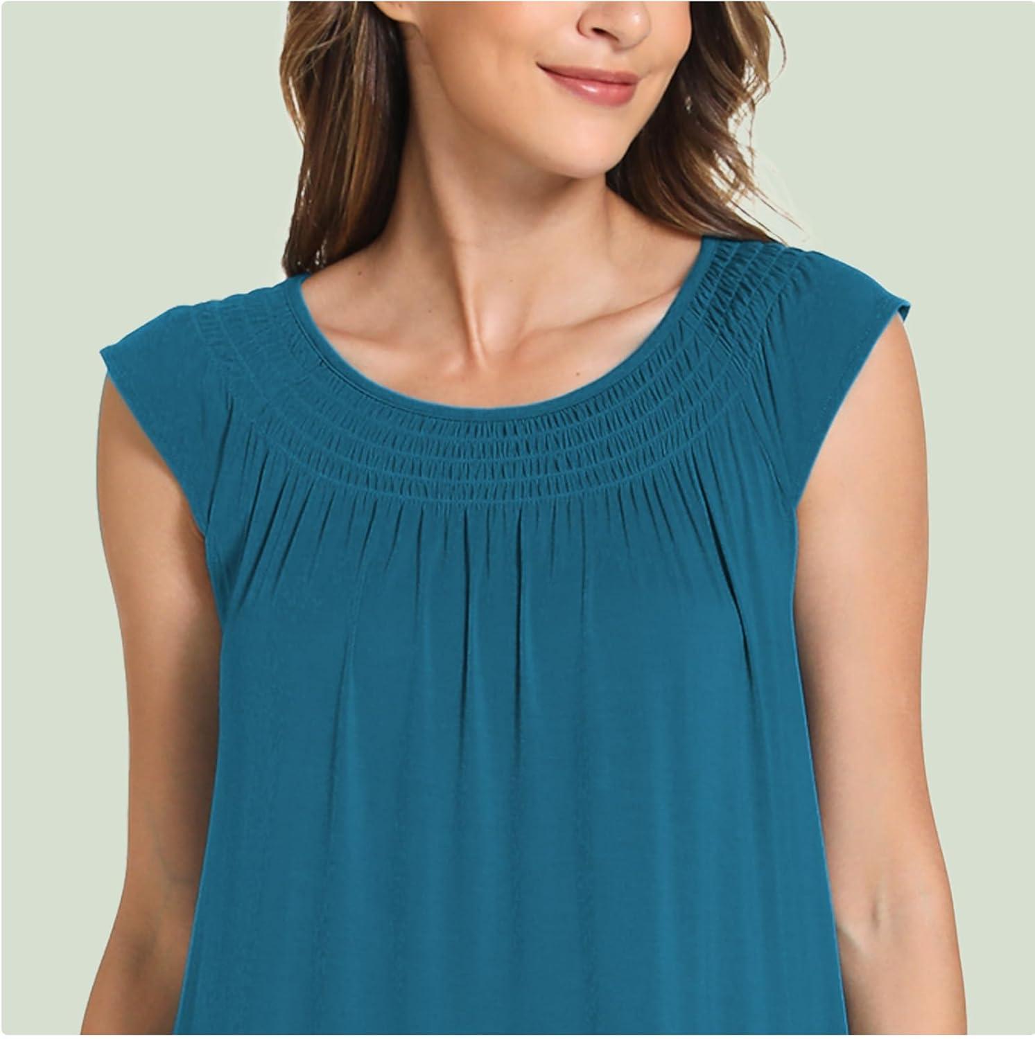 imageGYS Womens Nightgowns Short Sleeve Sleep Shirts Soft Smocked Nighties Sleepwear Viscose Made from BambooTeal Blue